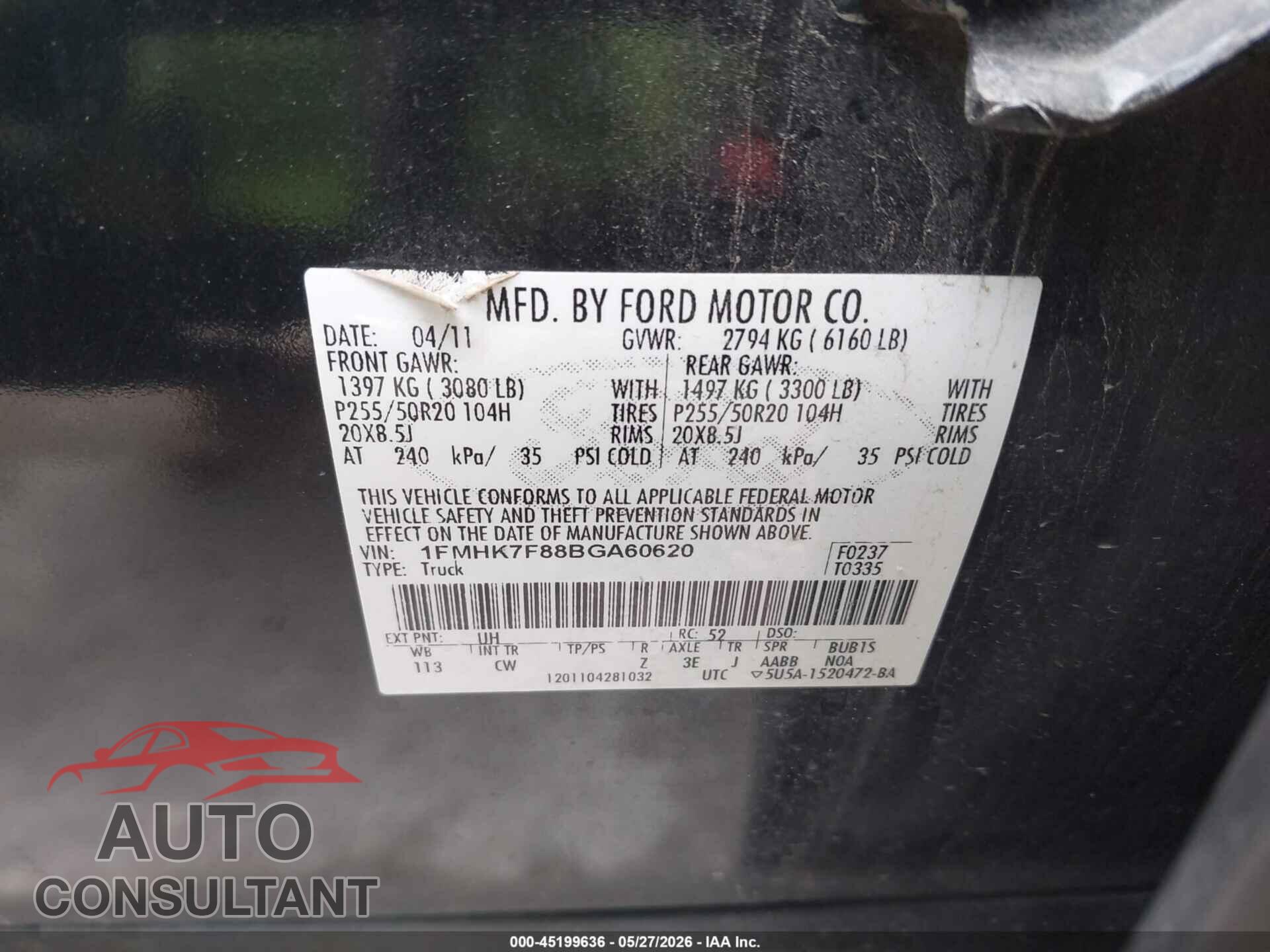 FORD EXPLORER 2011 - 1FMHK7F88BGA60620