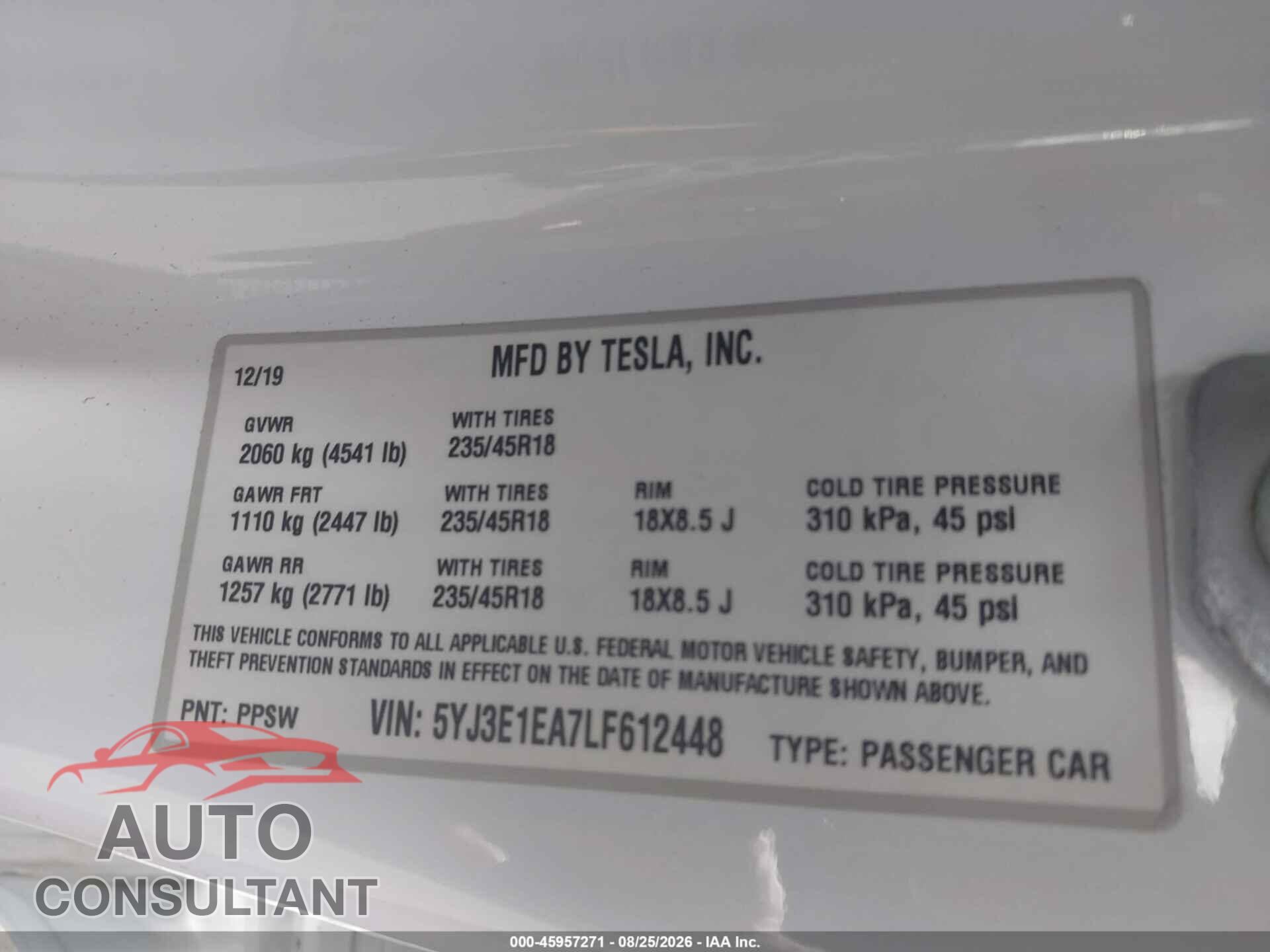 TESLA MODEL 3 2020 - 5YJ3E1EA7LF612448