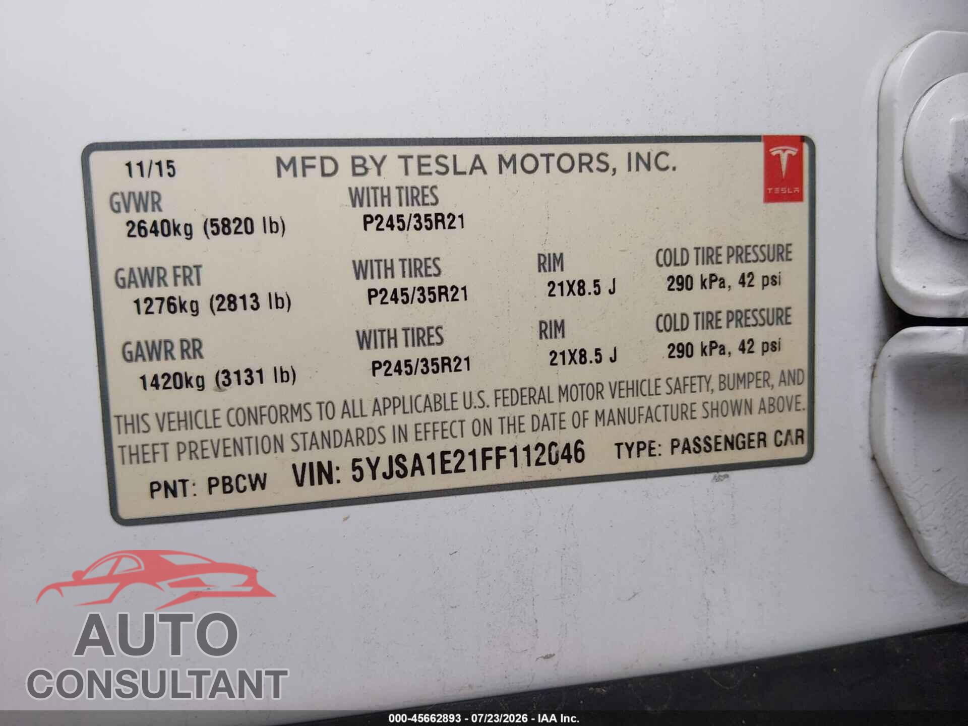 TESLA MODEL S 2015 - 5YJSA1E21FF112046