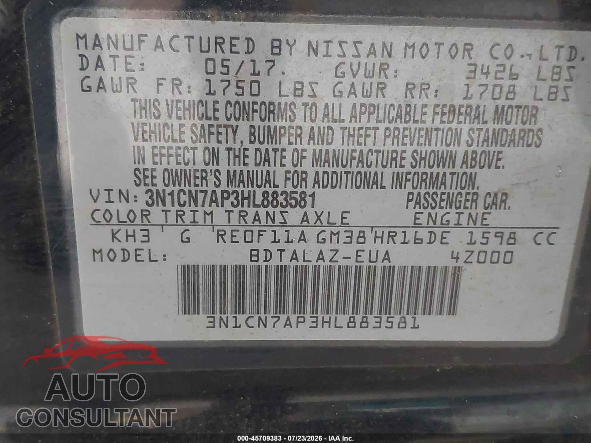 NISSAN VERSA 2017 - 3N1CN7AP3HL883581