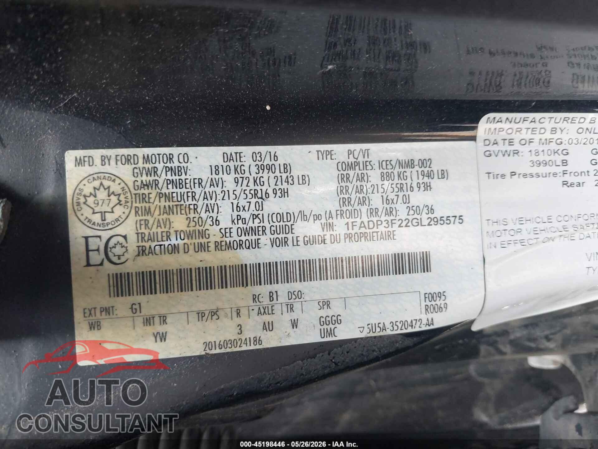 FORD FOCUS 2016 - 1FADP3F22GL295575