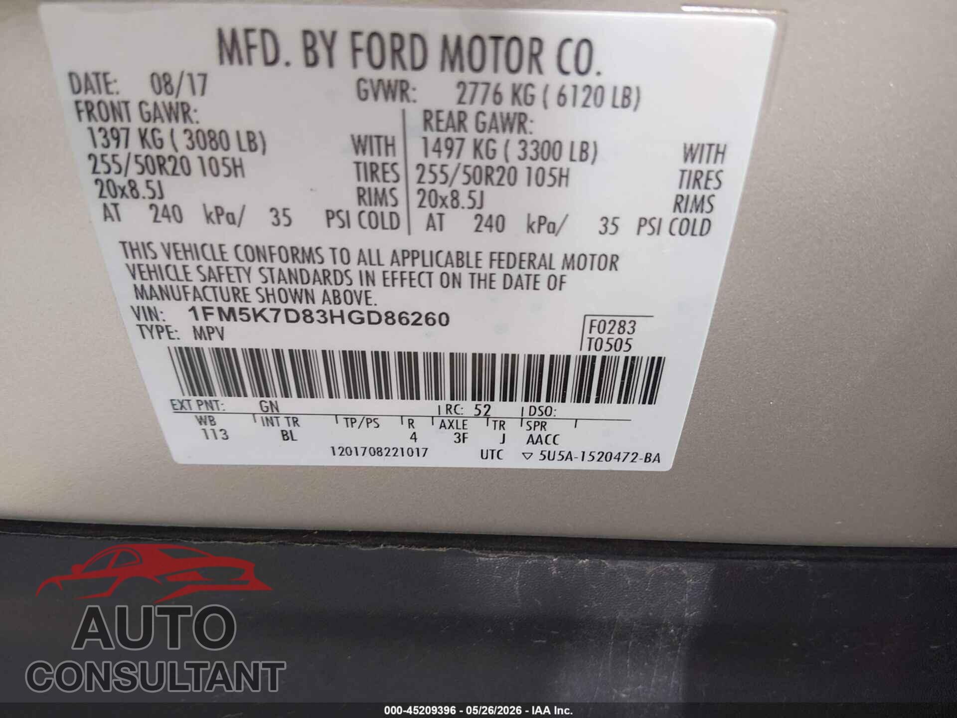 FORD EXPLORER 2017 - 1FM5K7D83HGD86260