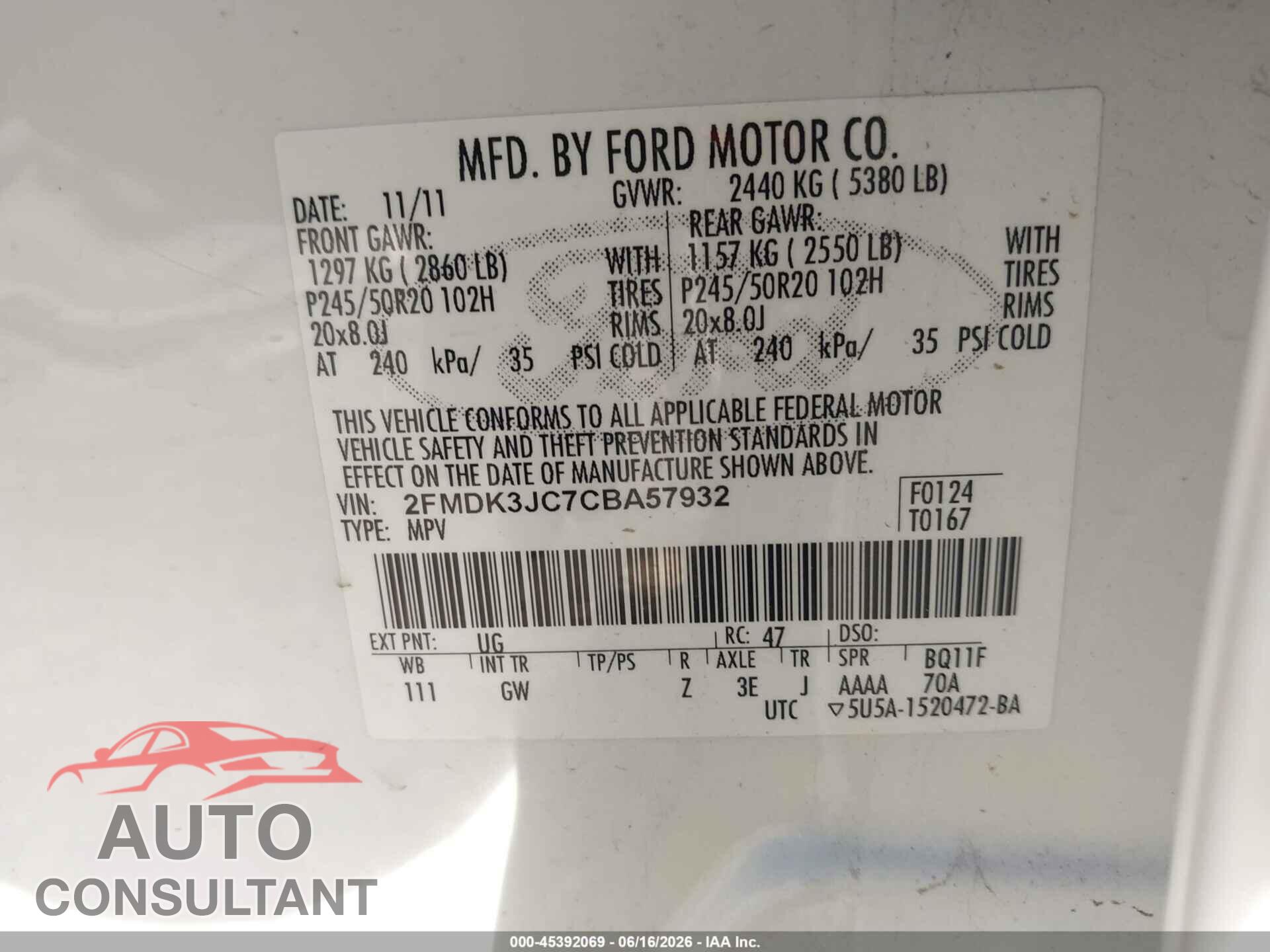 FORD EDGE 2012 - 2FMDK3JC7CBA57932