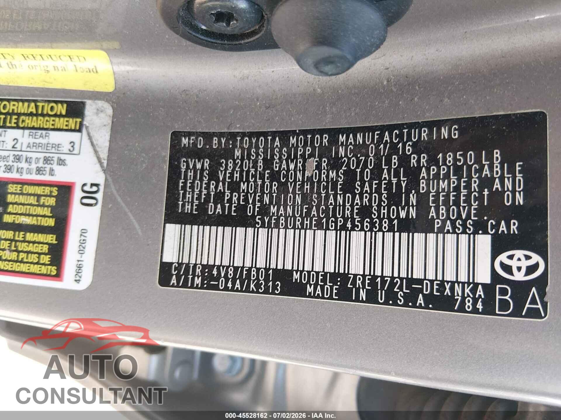 TOYOTA COROLLA 2016 - 5YFBURHE1GP456381