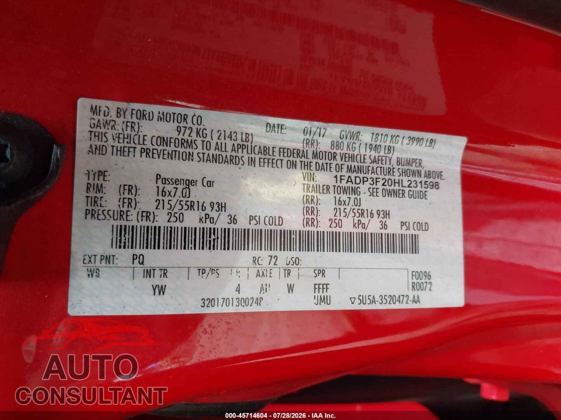 FORD FOCUS 2017 - 1FADP3F20HL231598