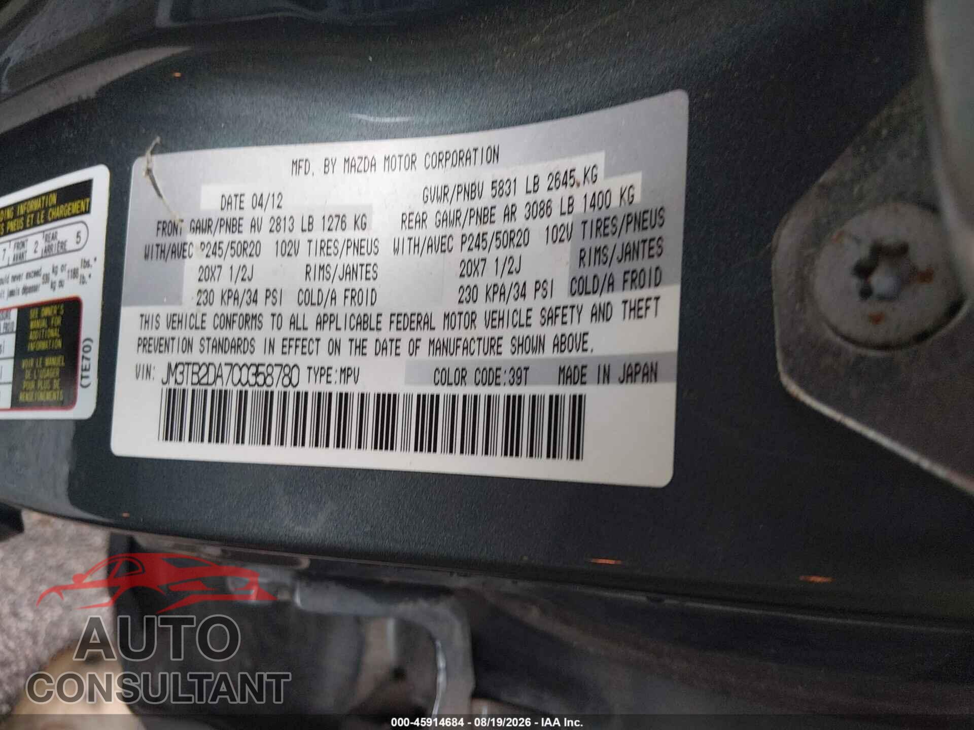 MAZDA CX-9 2012 - JM3TB2DA7C0358780
