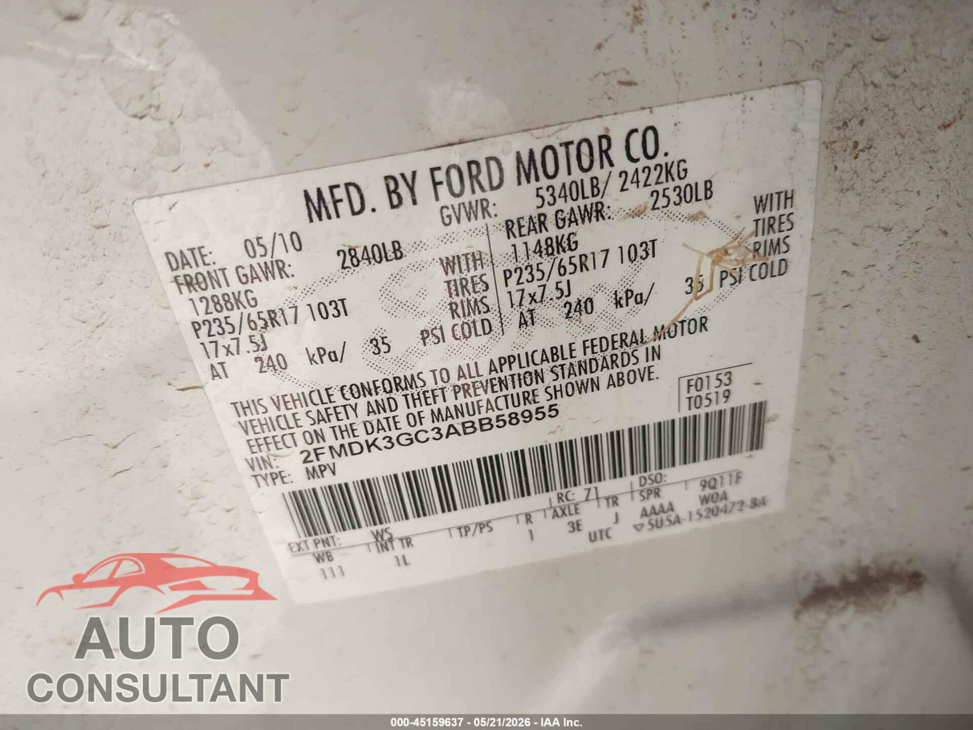 FORD EDGE 2010 - 2FMDK3GC3ABB58955