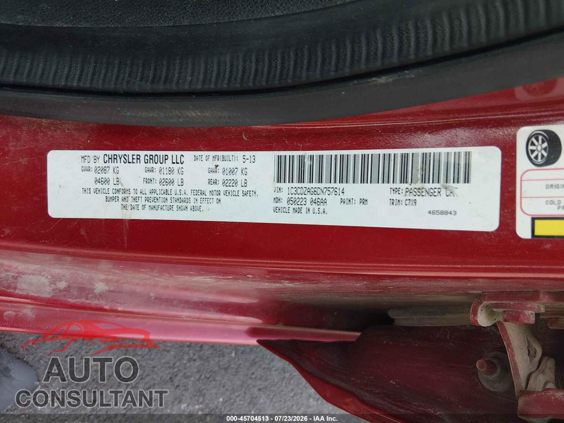 DODGE AVENGER 2013 - 1C3CDZAG6DN757614