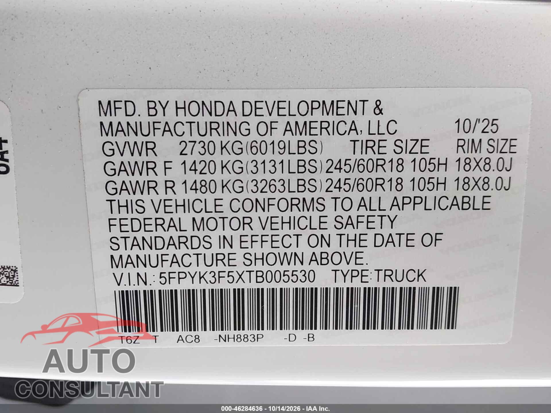 HONDA RIDGELINE 2026 - 5FPYK3F5XTB005530