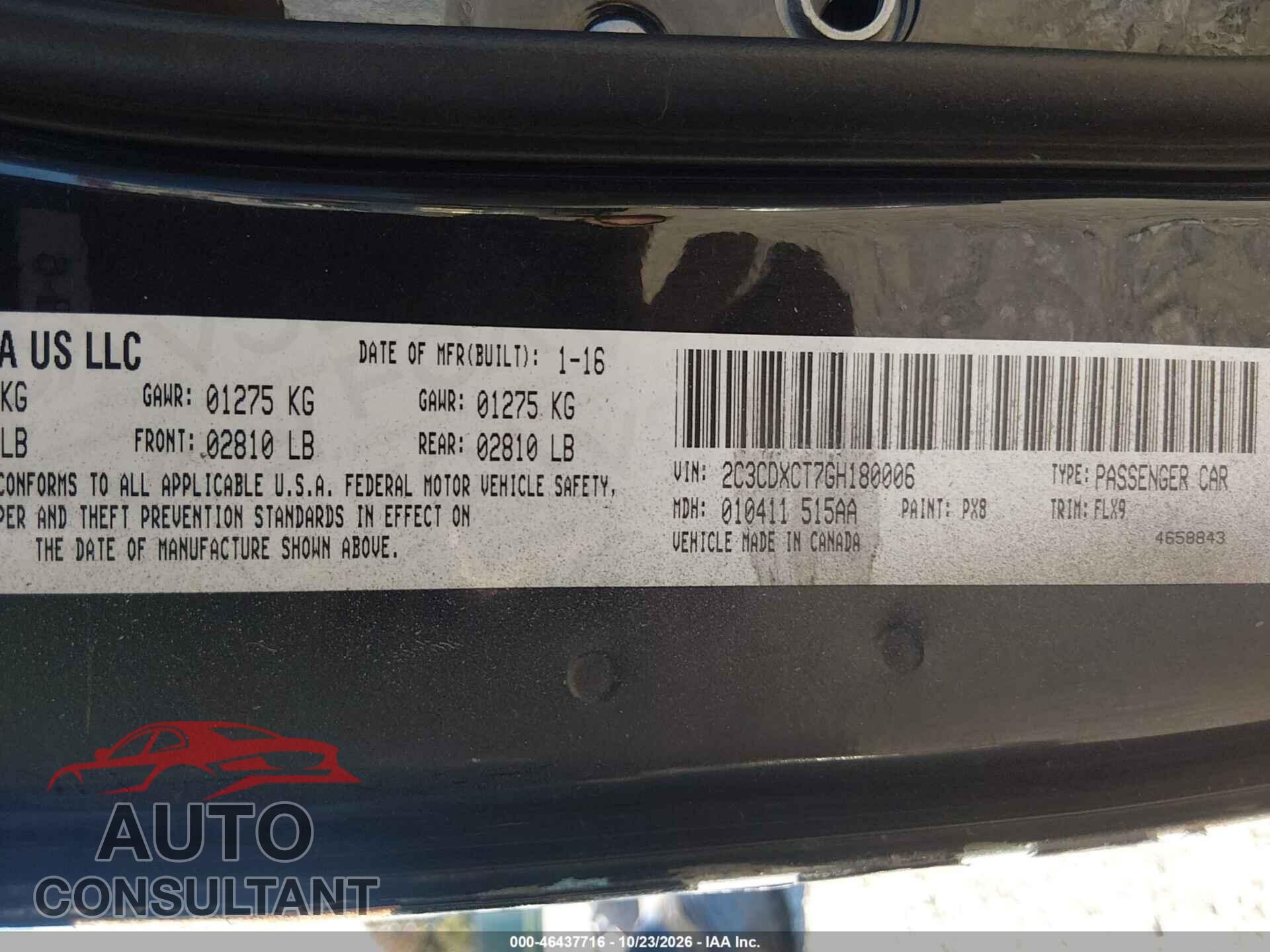 DODGE CHARGER 2016 - 2C3CDXCT7GH180006