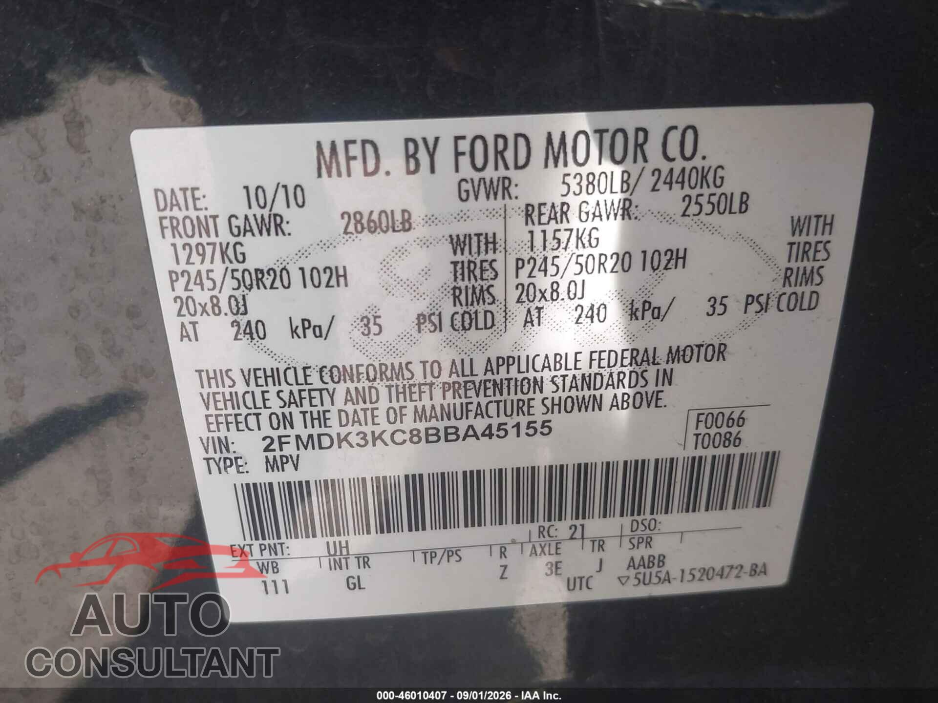 FORD EDGE 2011 - 2FMDK3KC8BBA45155