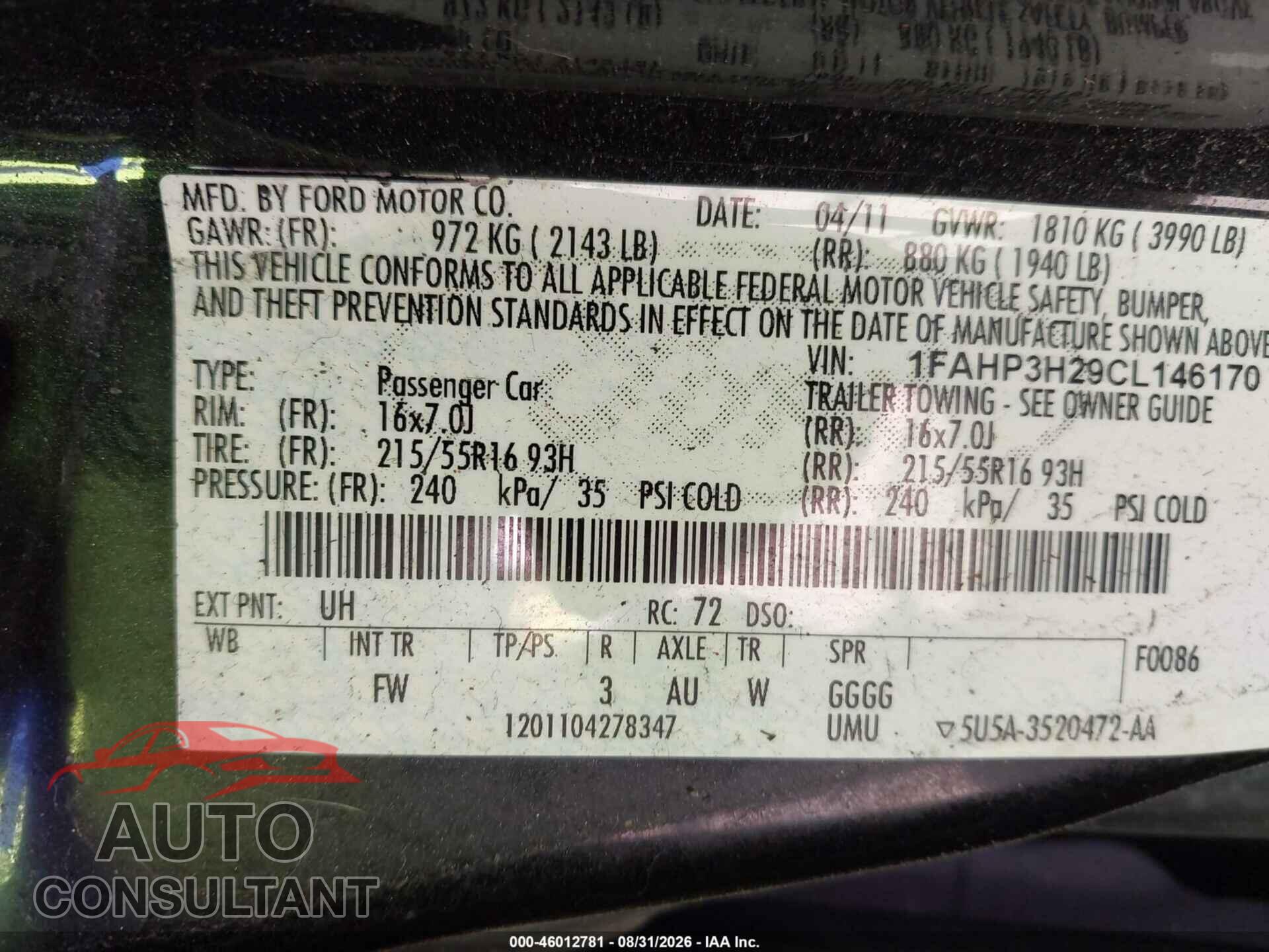 FORD FOCUS 2012 - 1FAHP3H29CL146170