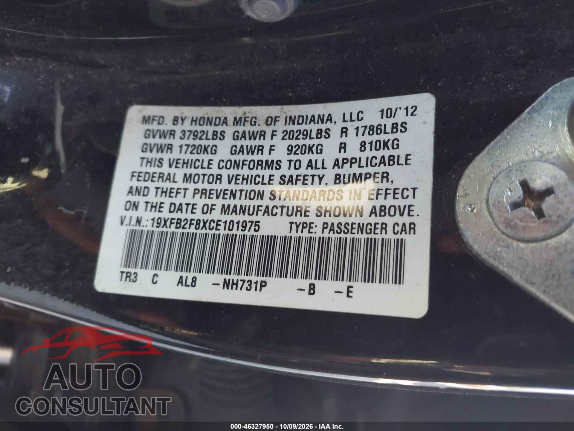 HONDA CIVIC 2012 - 19XFB2F8XCE101975