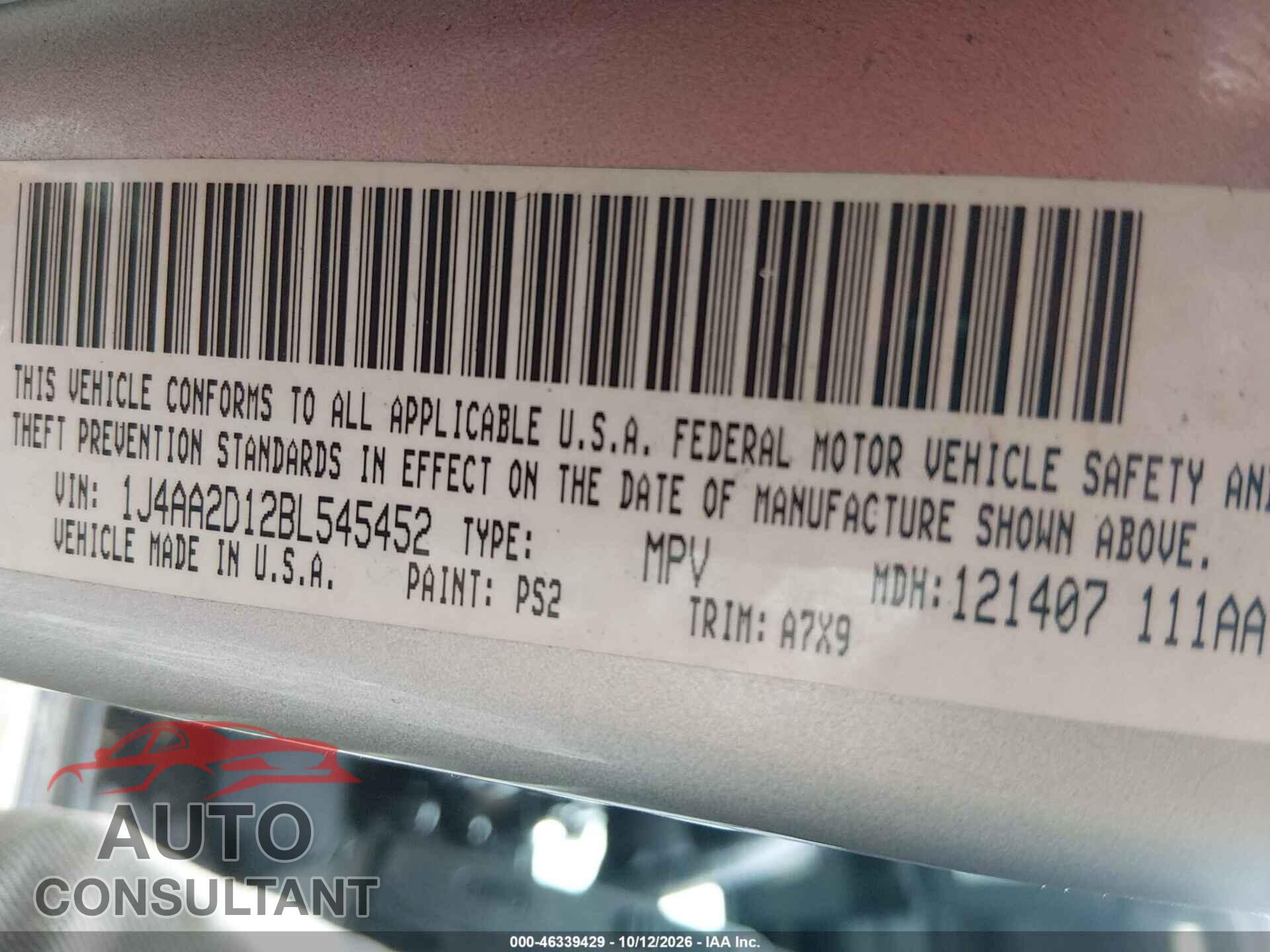 JEEP WRANGLER 2011 - 1J4AA2D12BL545452