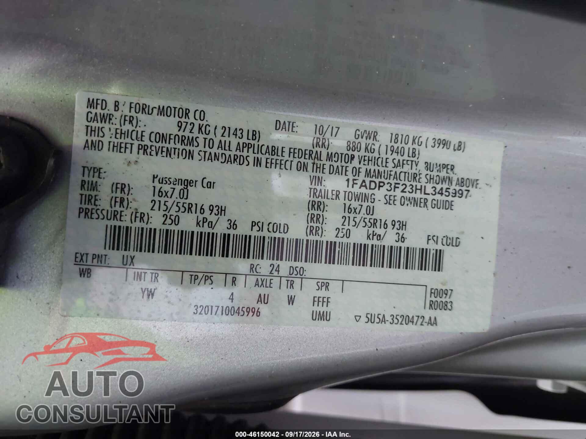 FORD FOCUS 2017 - 1FADP3F23HL345997
