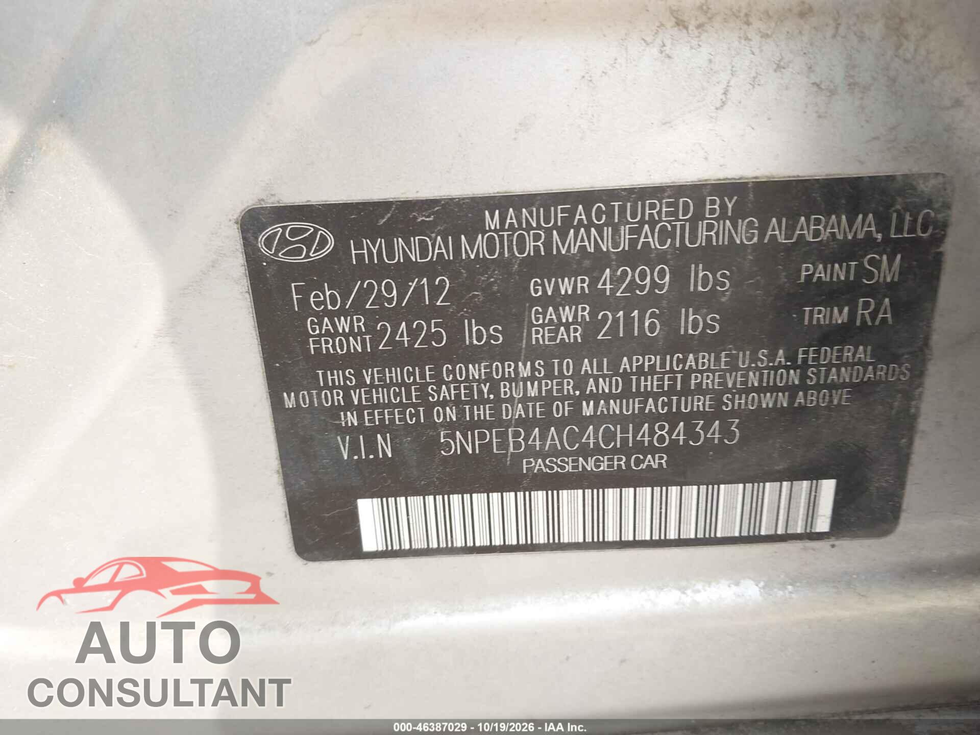 HYUNDAI SONATA 2012 - 5NPEB4AC4CH484343
