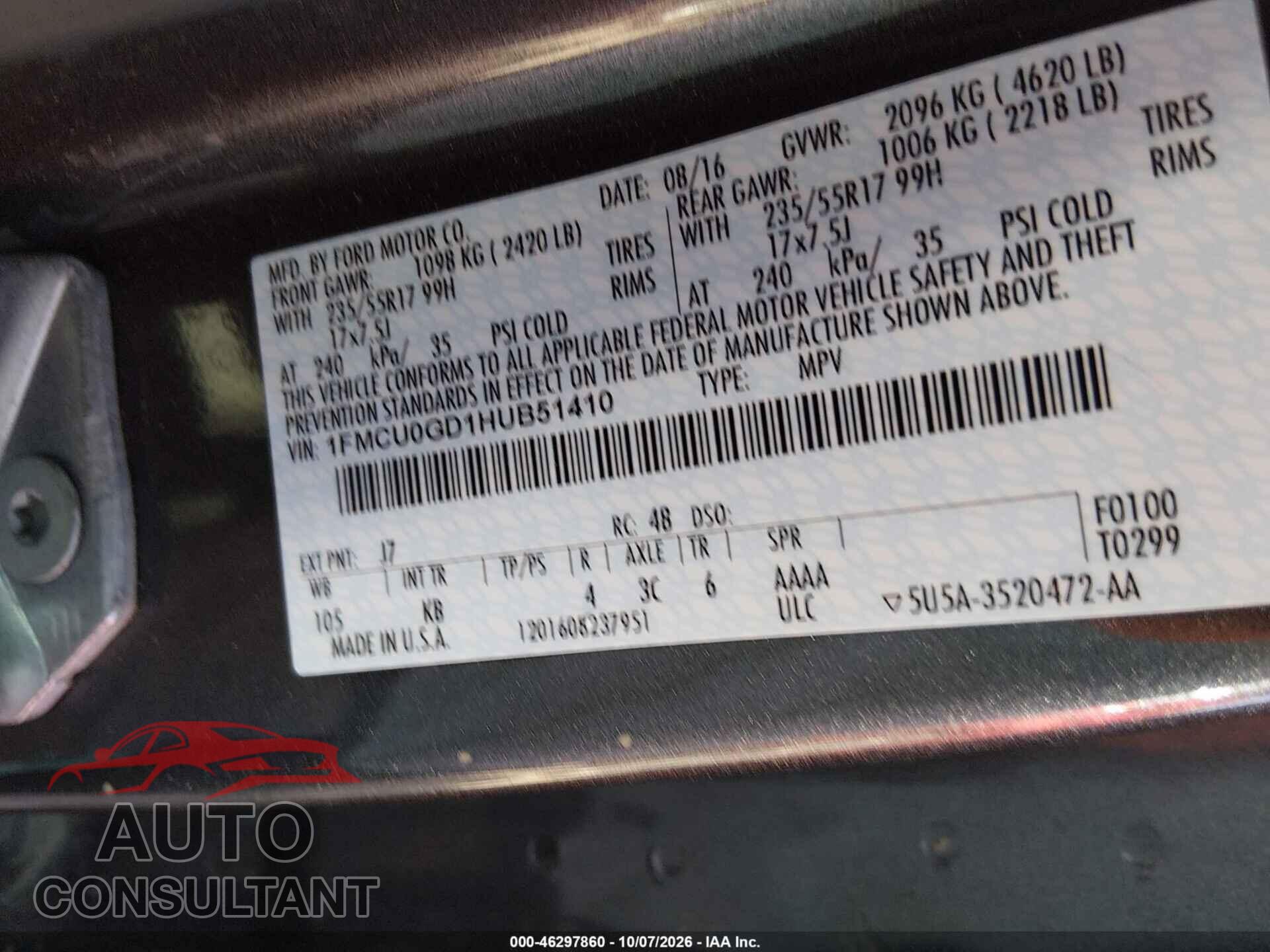 FORD ESCAPE 2017 - 1FMCU0GD1HUB51410