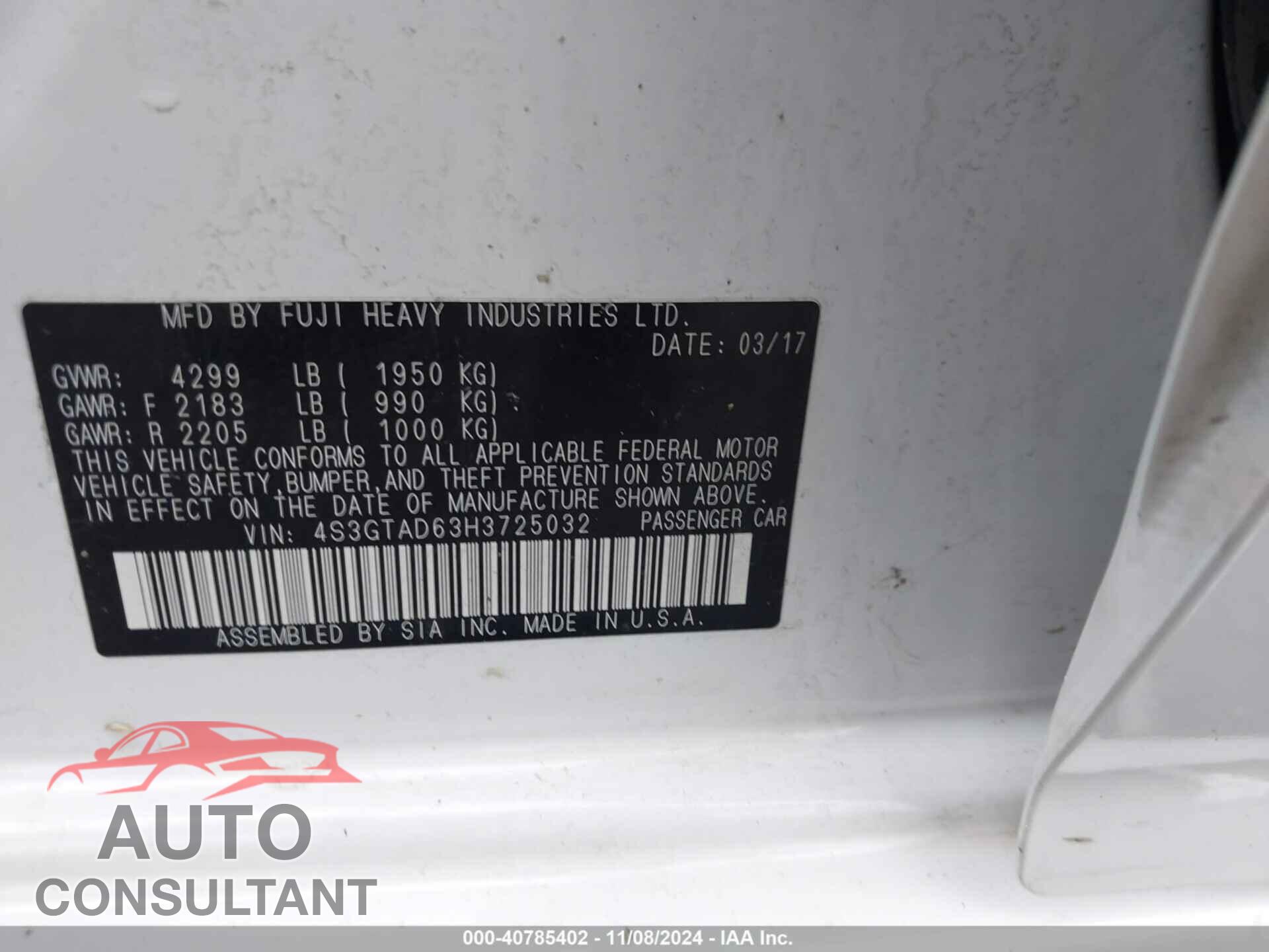 SUBARU IMPREZA 2017 - 4S3GTAD63H3725032