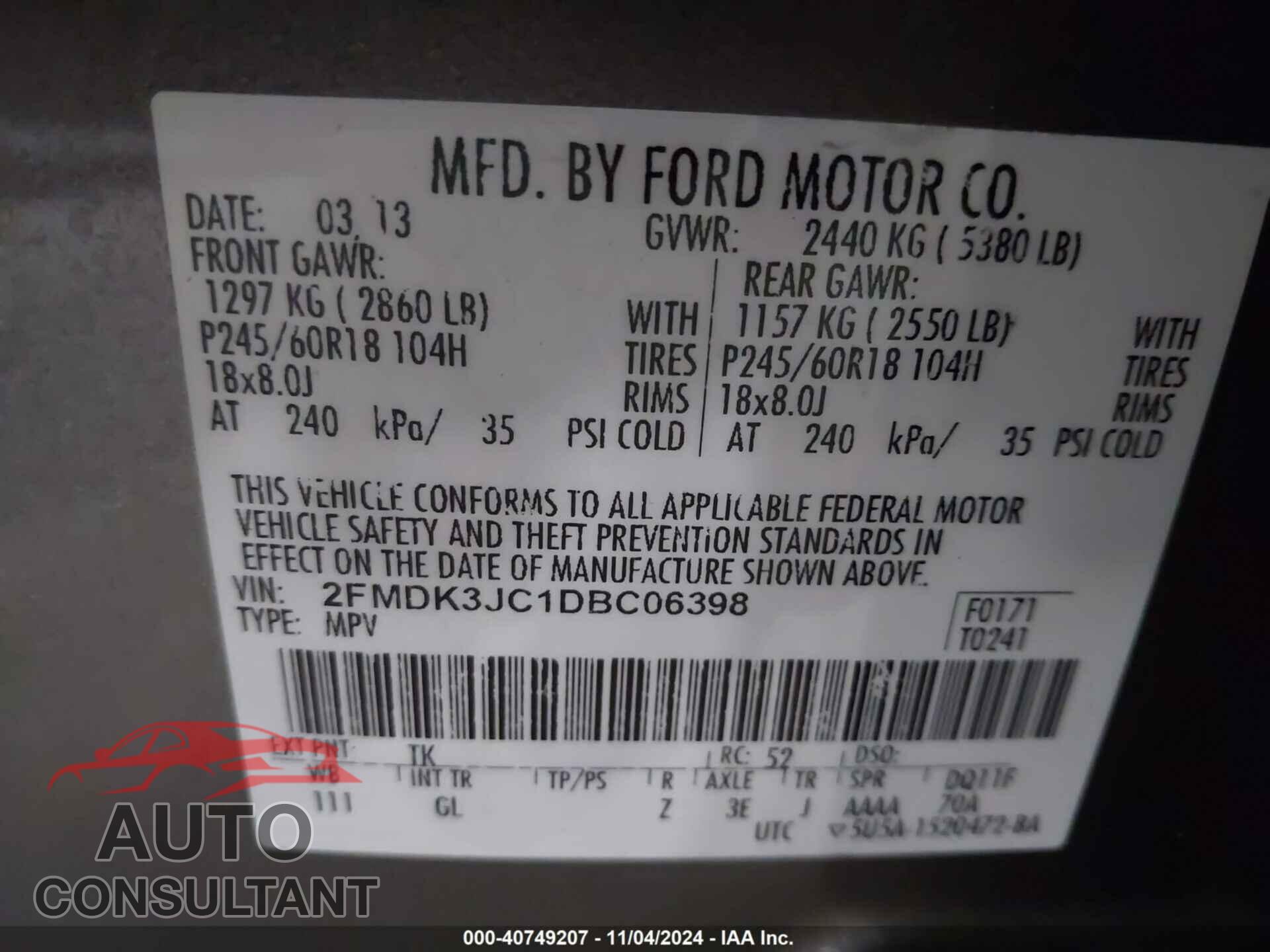 FORD EDGE 2013 - 2FMDK3JC1DBC06398