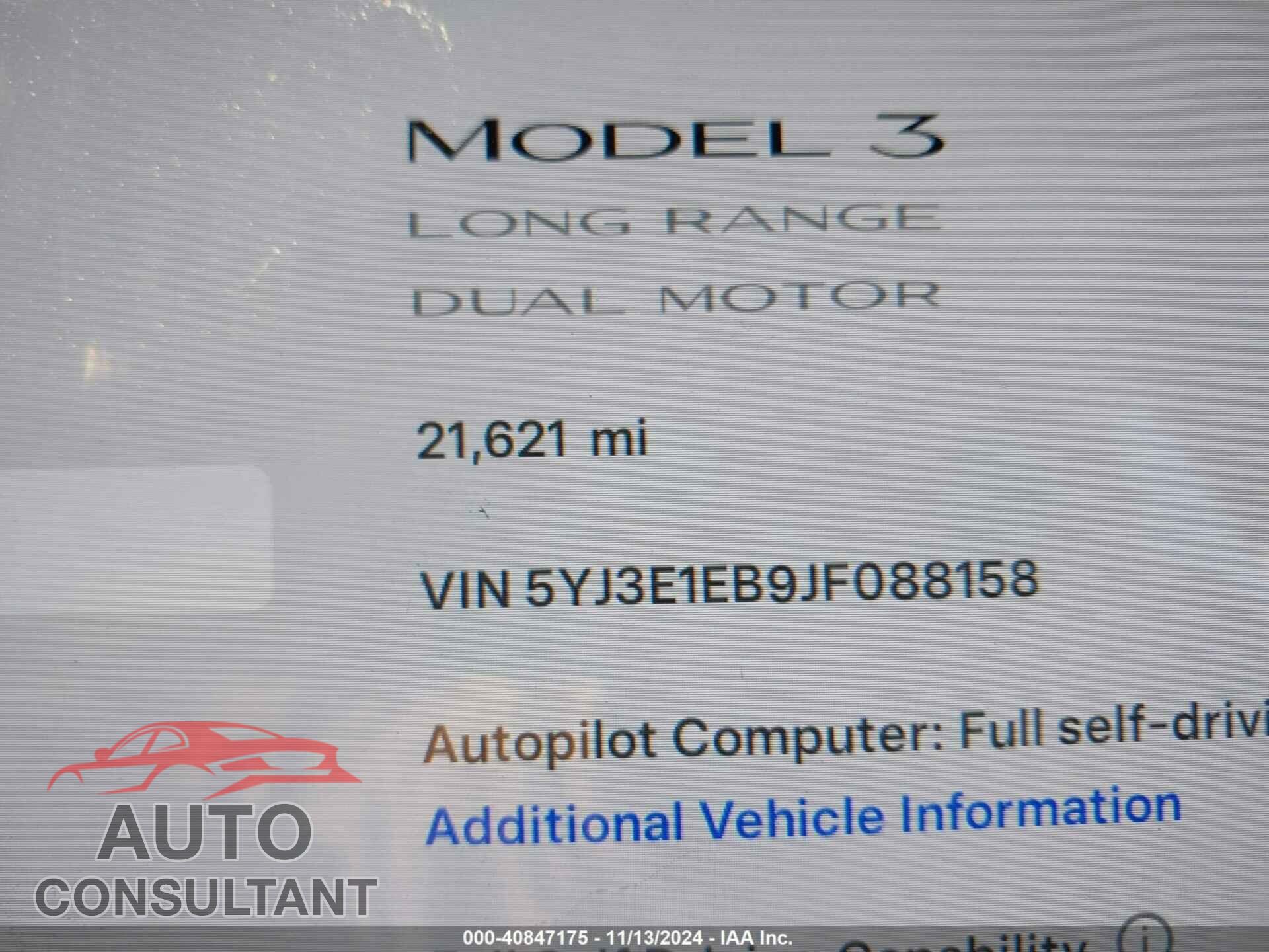 TESLA MODEL 3 2018 - 5YJ3E1EB9JF088158