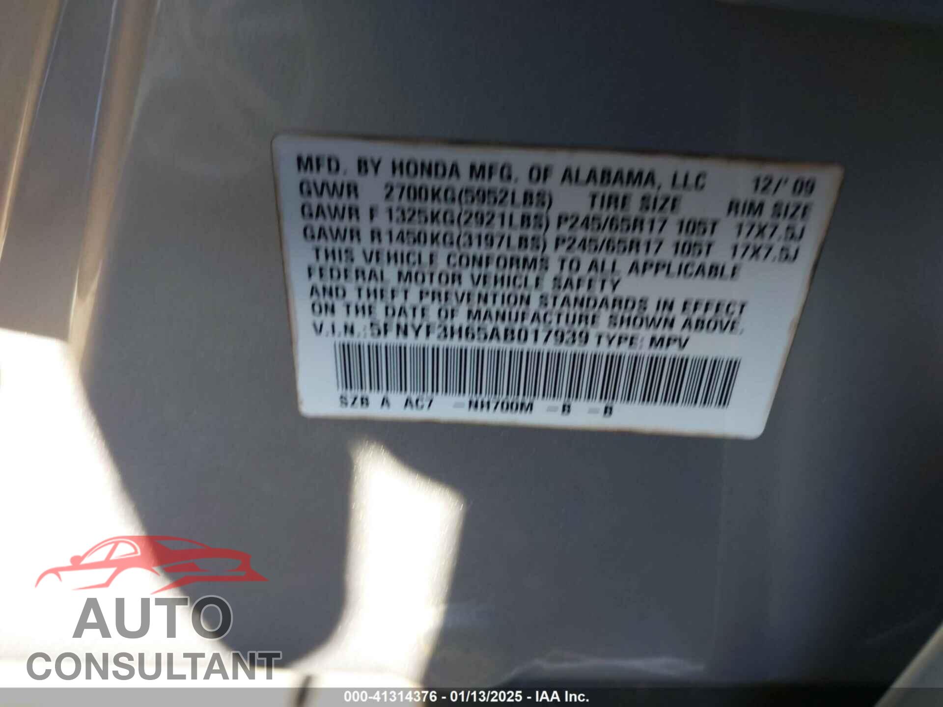 HONDA PILOT 2010 - 5FNYF3H65AB017939
