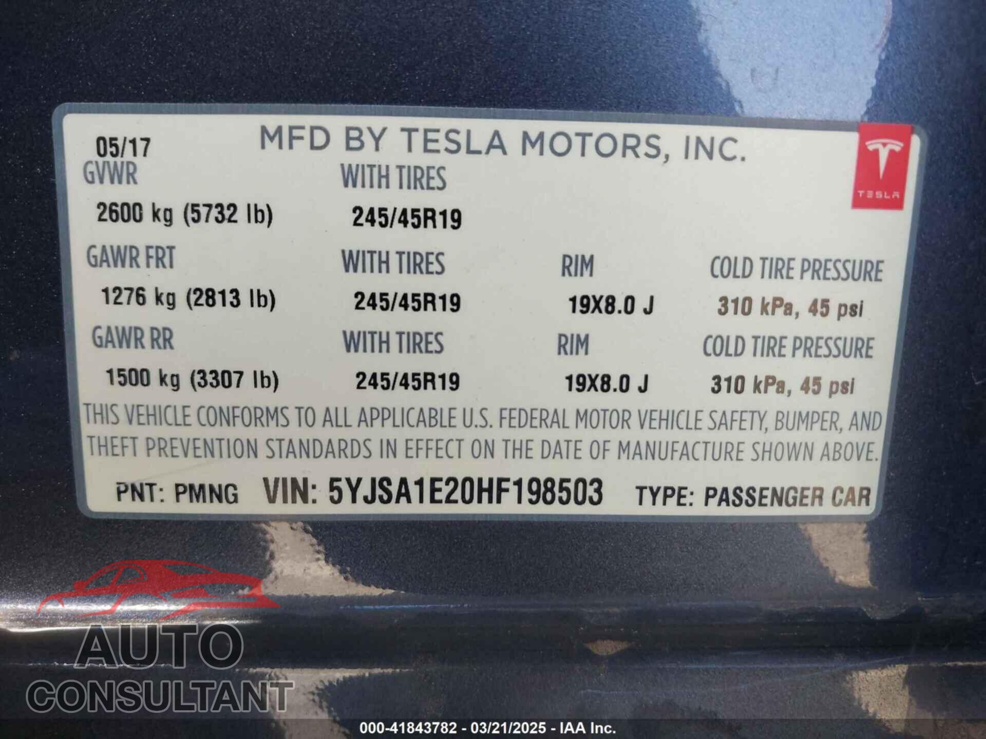 TESLA MODEL S 2017 - 5YJSA1E20HF198503