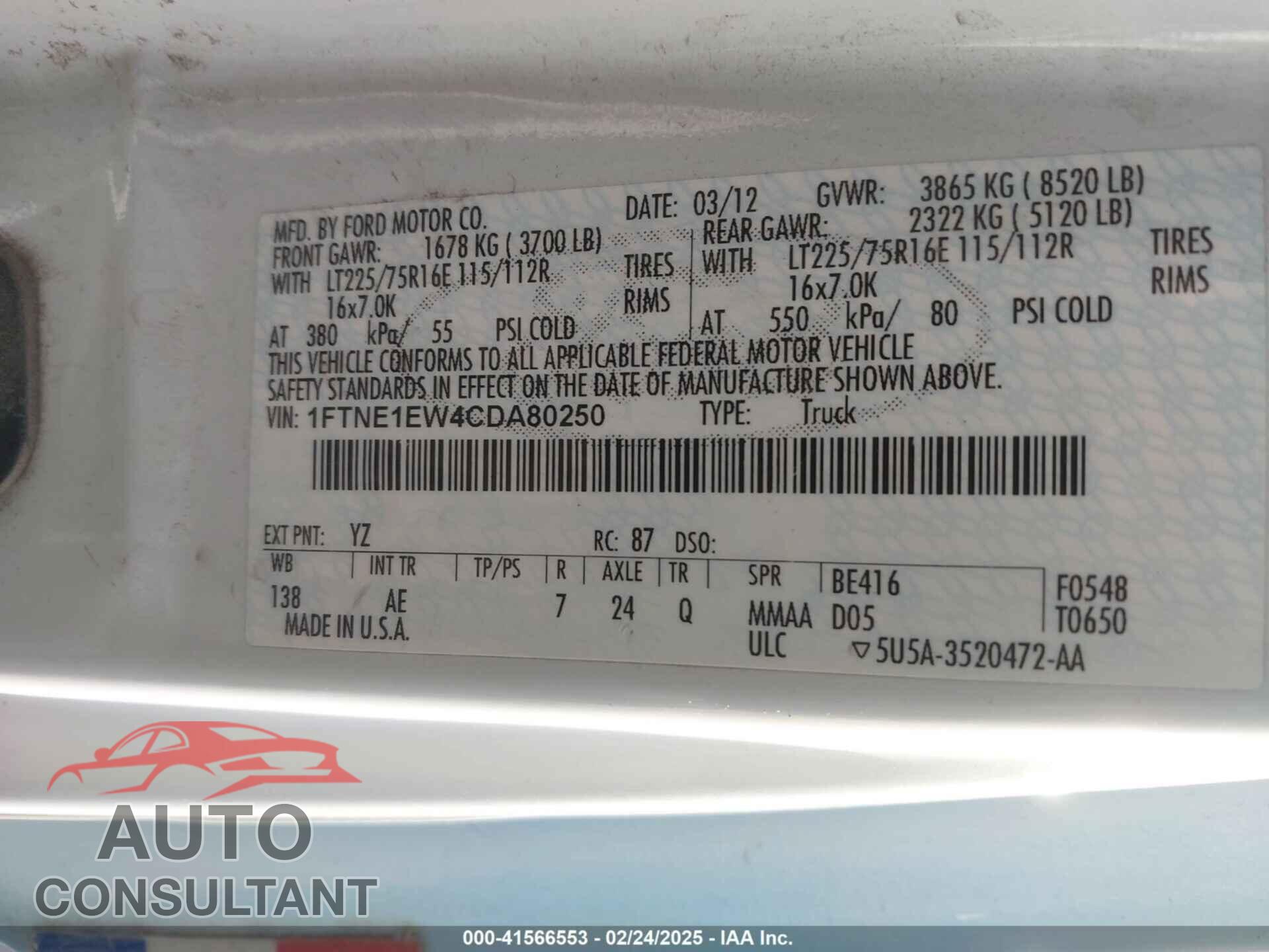 FORD E-150 2012 - 1FTNE1EW4CDA80250
