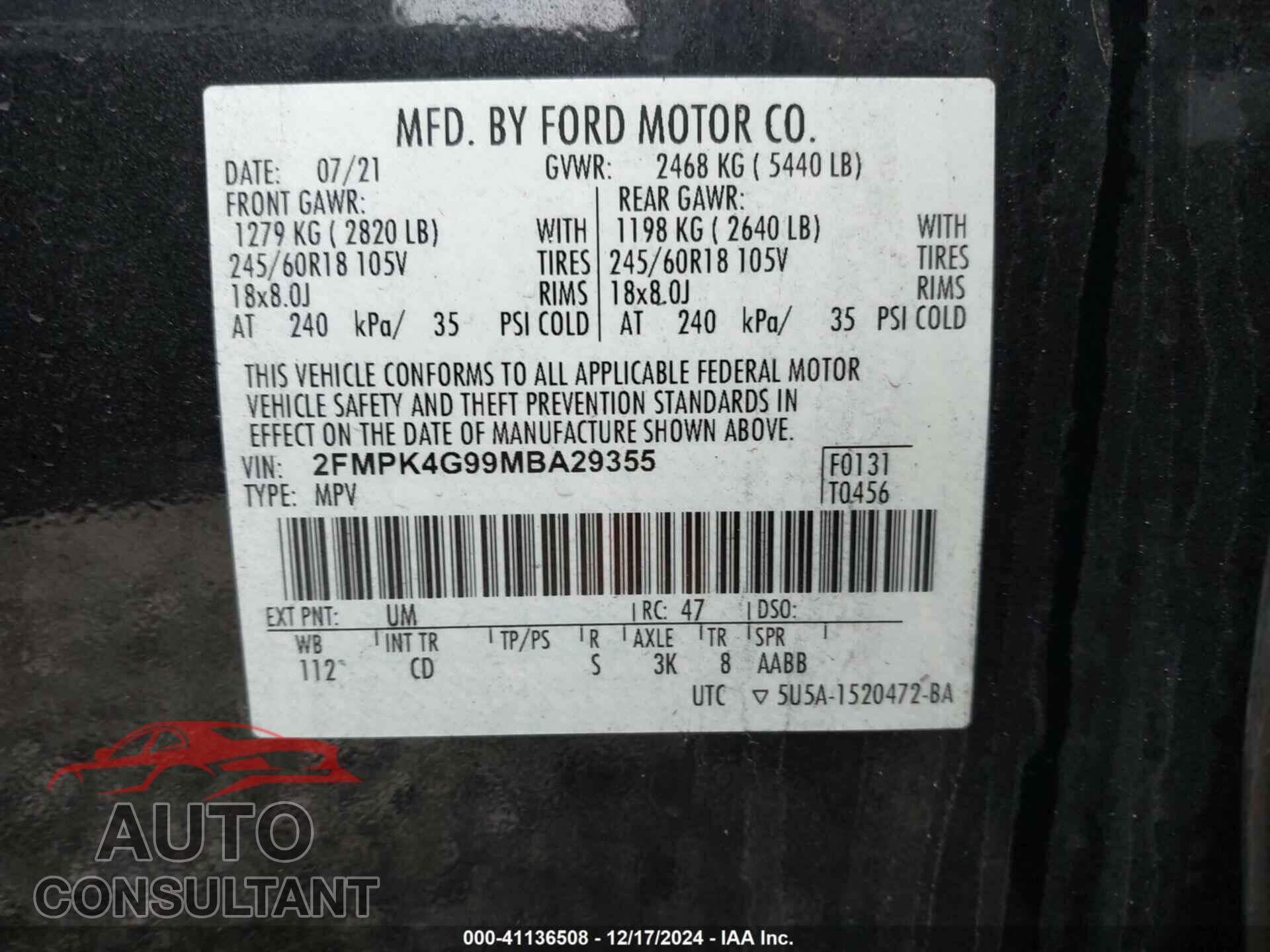 FORD EDGE 2021 - 2FMPK4G99MBA29355