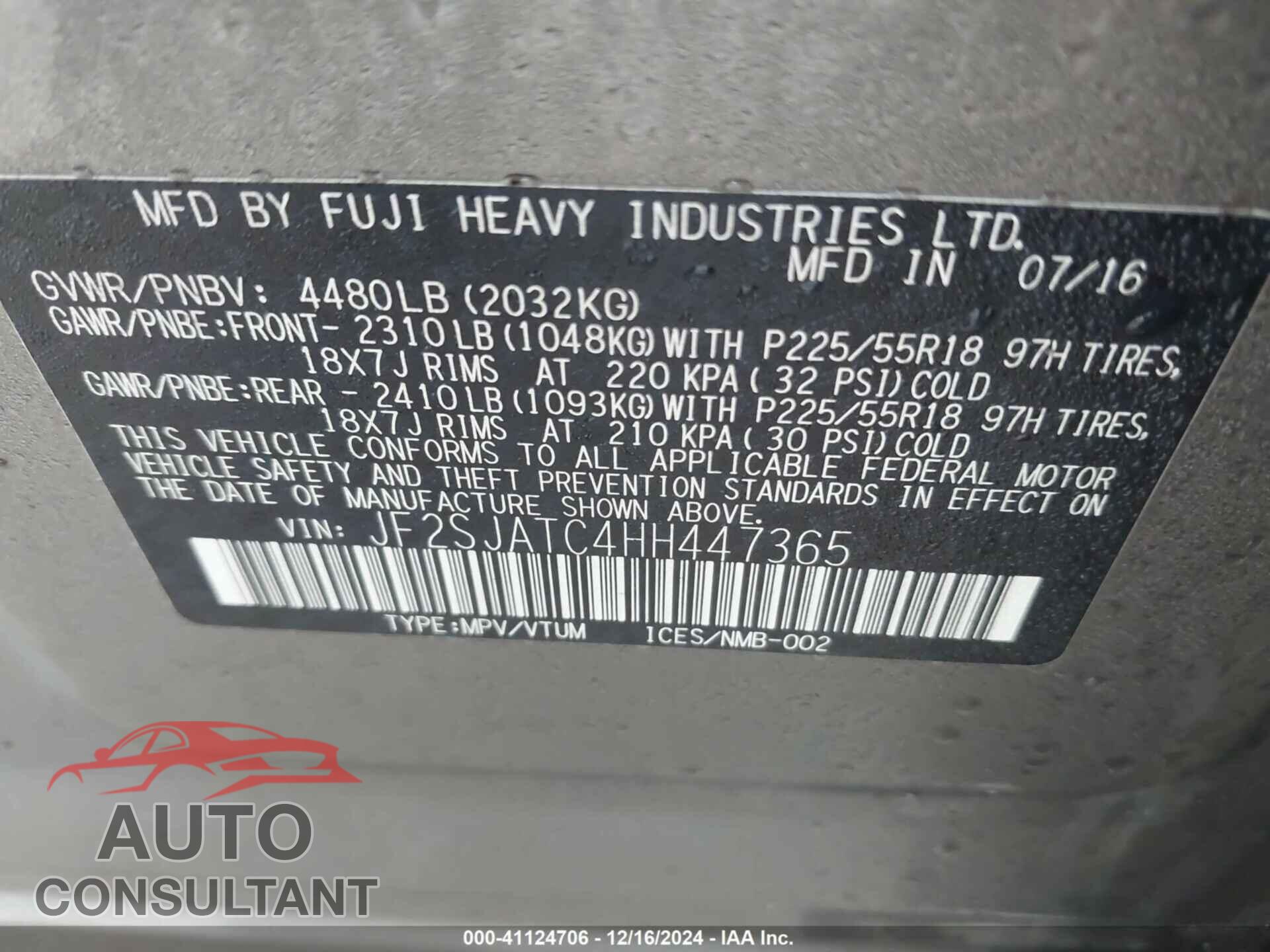 SUBARU FORESTER 2017 - JF2SJATC4HH447365