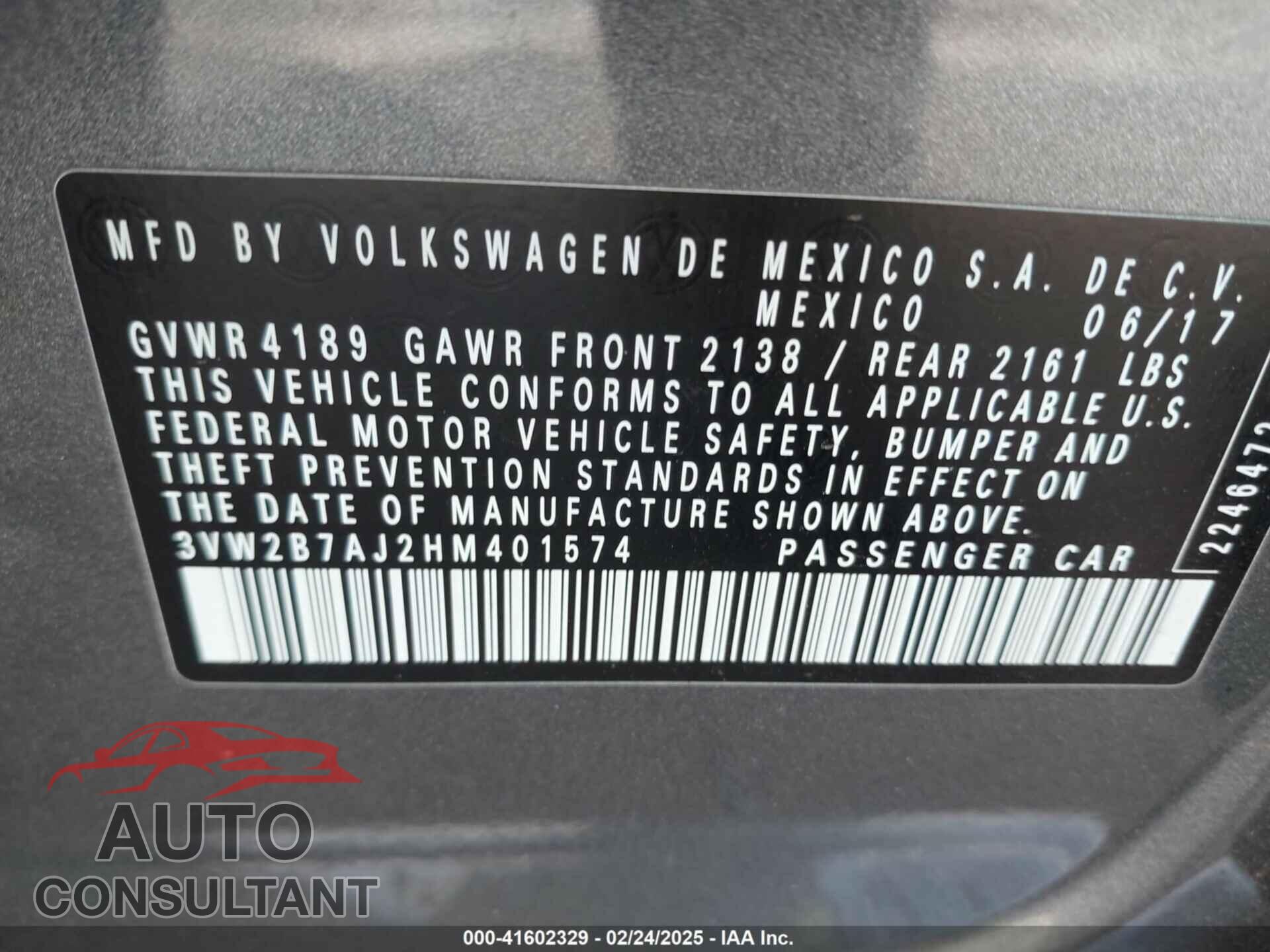 VOLKSWAGEN JETTA 2017 - 3VW2B7AJ2HM401574
