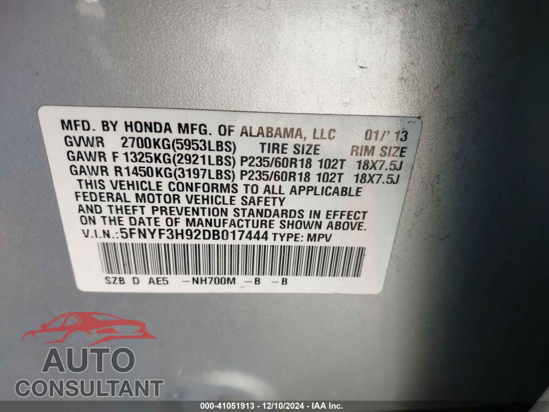 HONDA PILOT 2013 - 5FNYF3H92DB017444