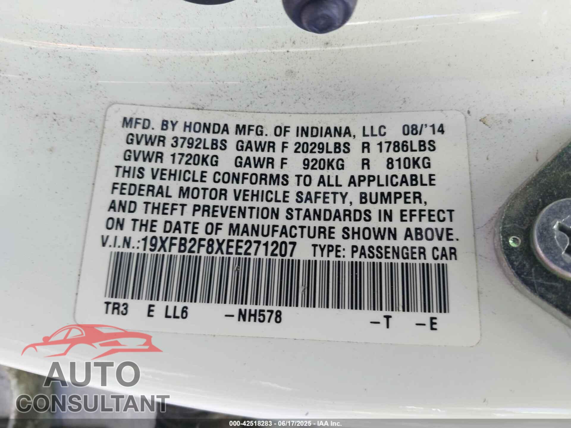 HONDA CIVIC 2014 - 19XFB2F8XEE271207