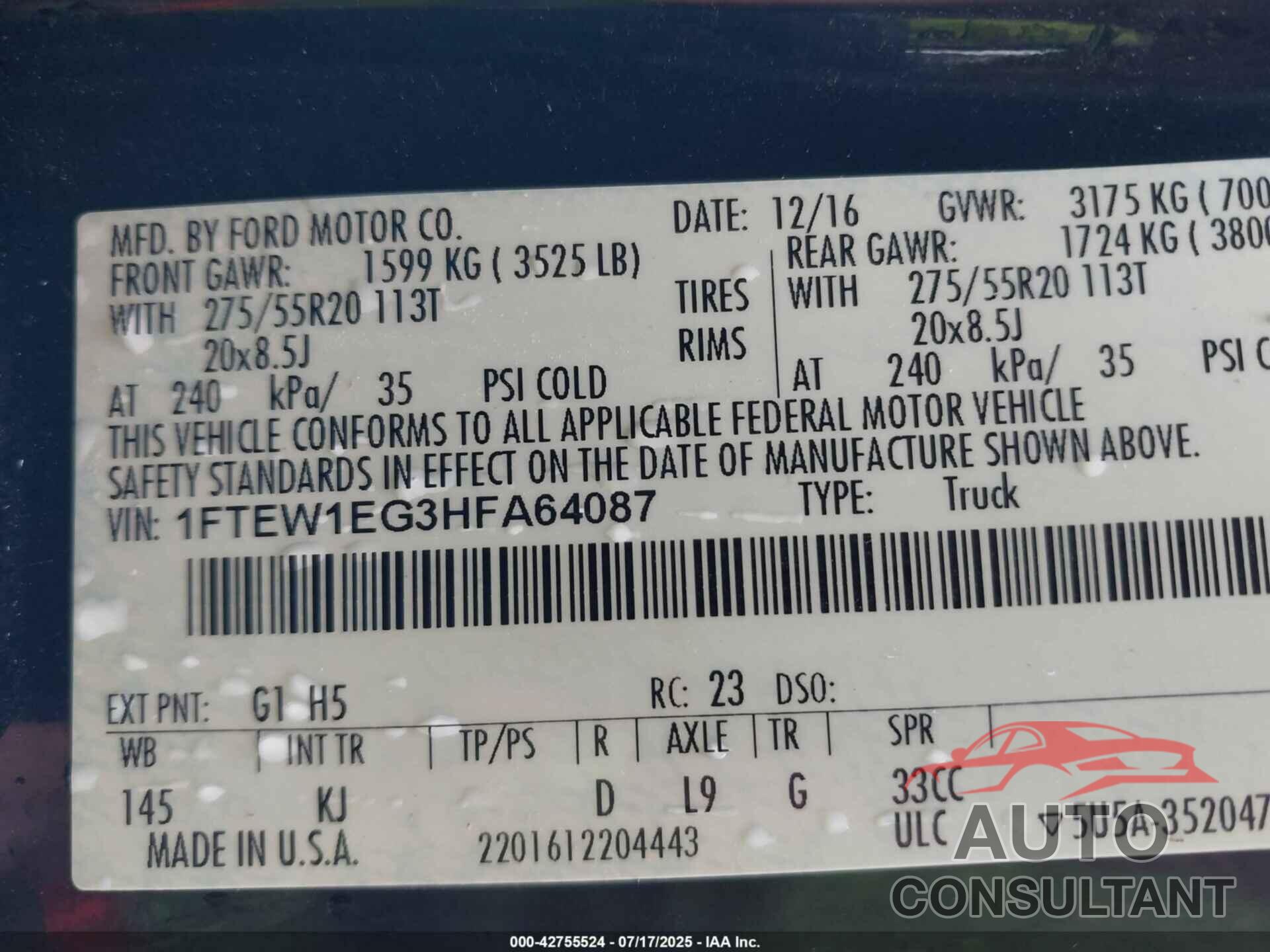 FORD F-150 2017 - 1FTEW1EG3HFA64087