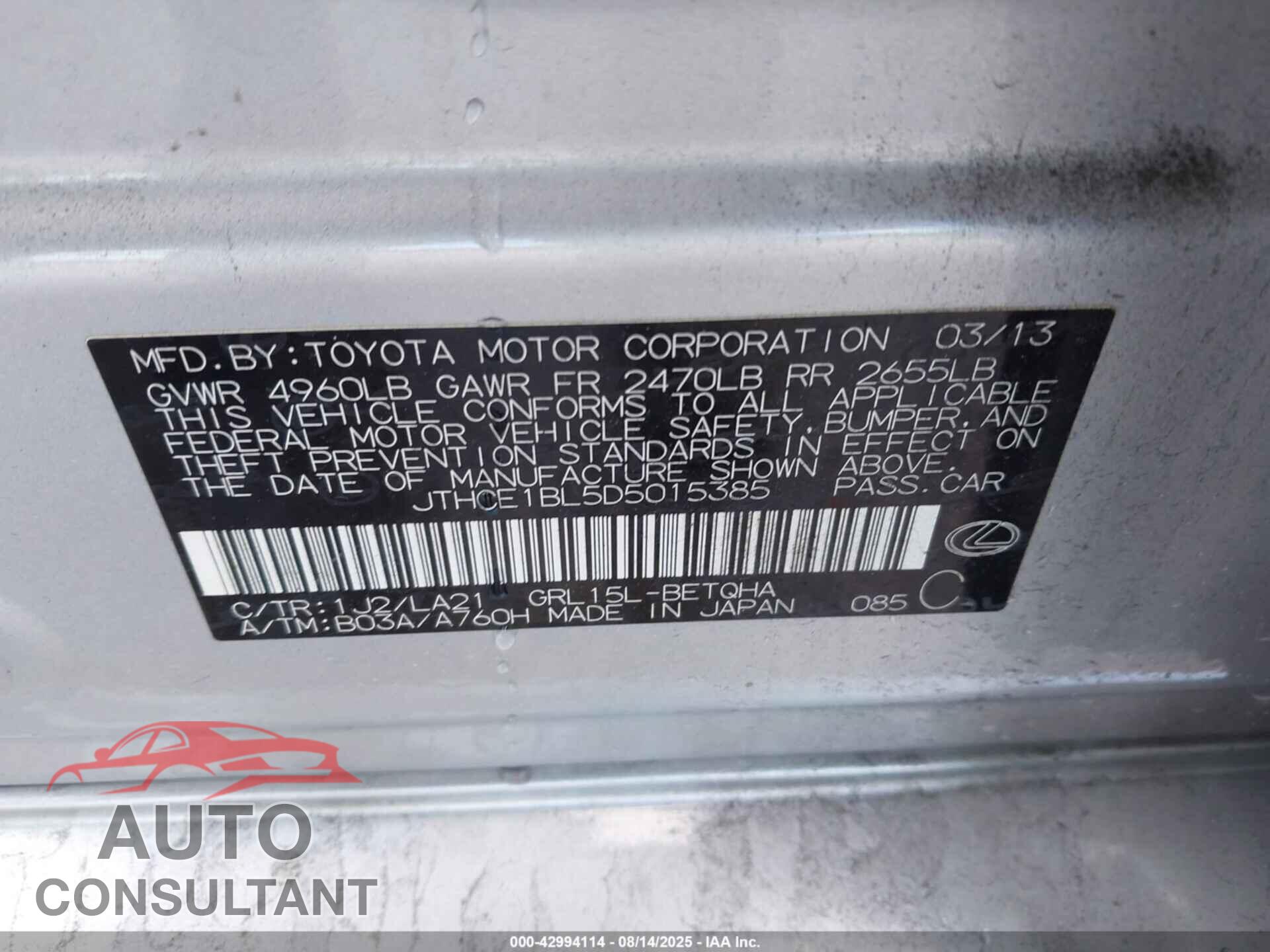 LEXUS GS 350 2013 - JTHCE1BL5D5015385