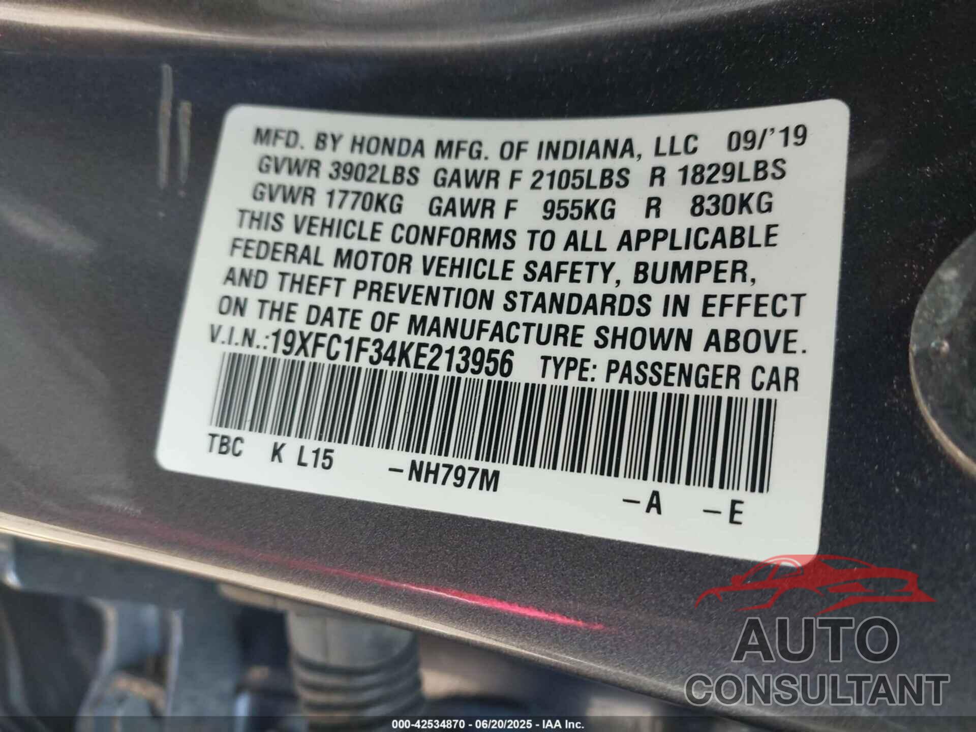 HONDA CIVIC 2019 - 19XFC1F34KE213956
