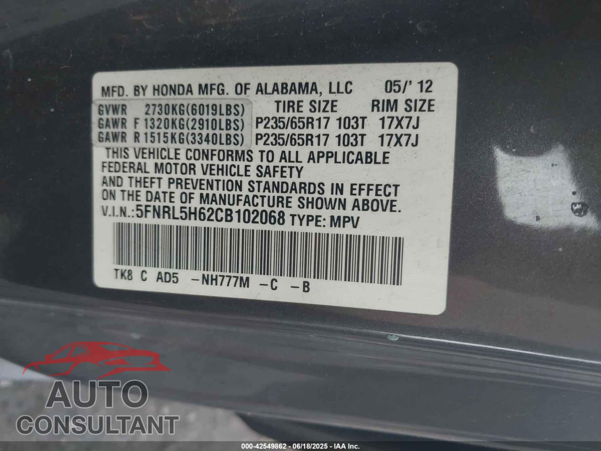 HONDA ODYSSEY 2012 - 5FNRL5H62CB102068