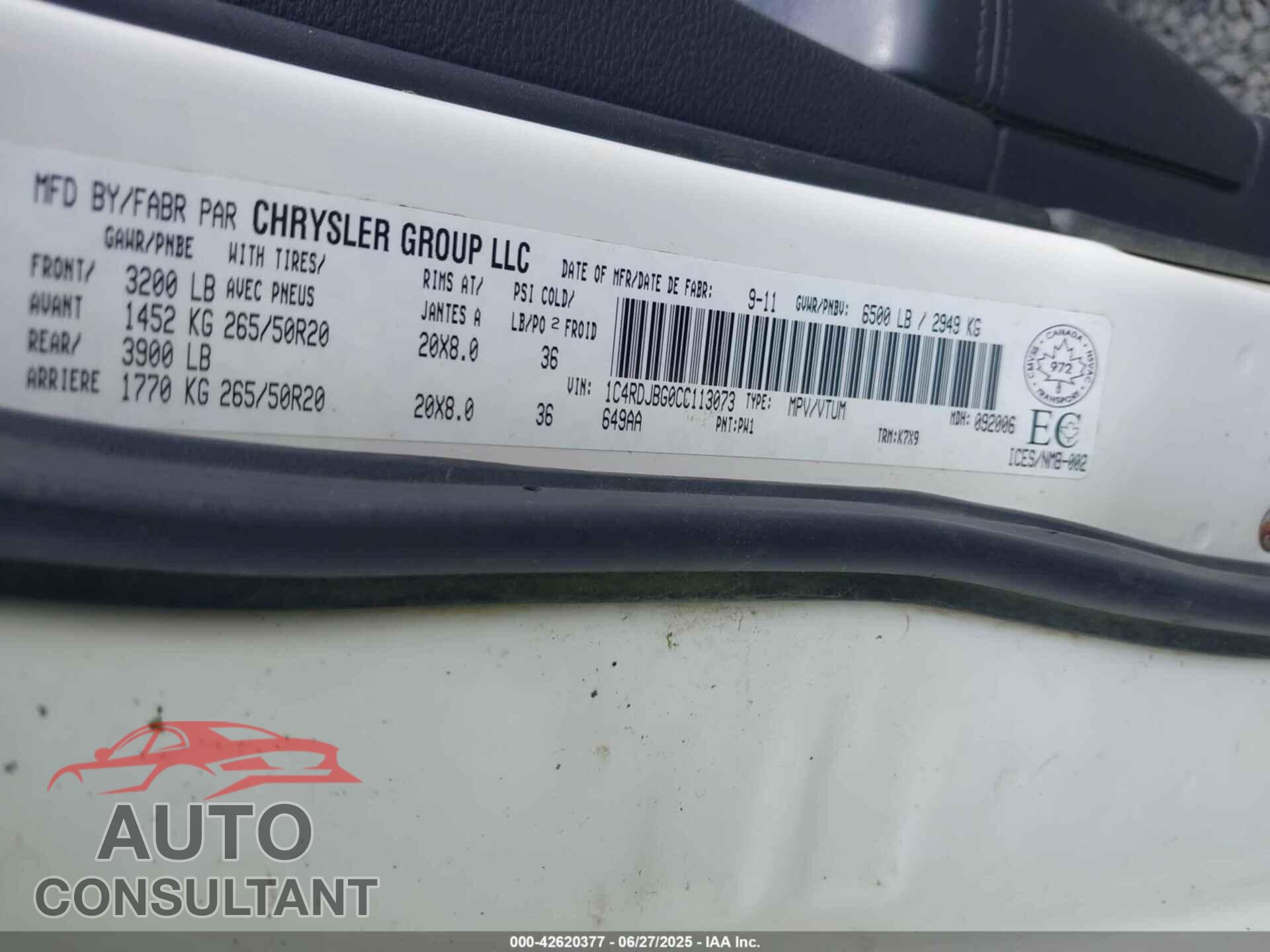 DODGE DURANGO 2012 - 1C4RDJBG0CC113073
