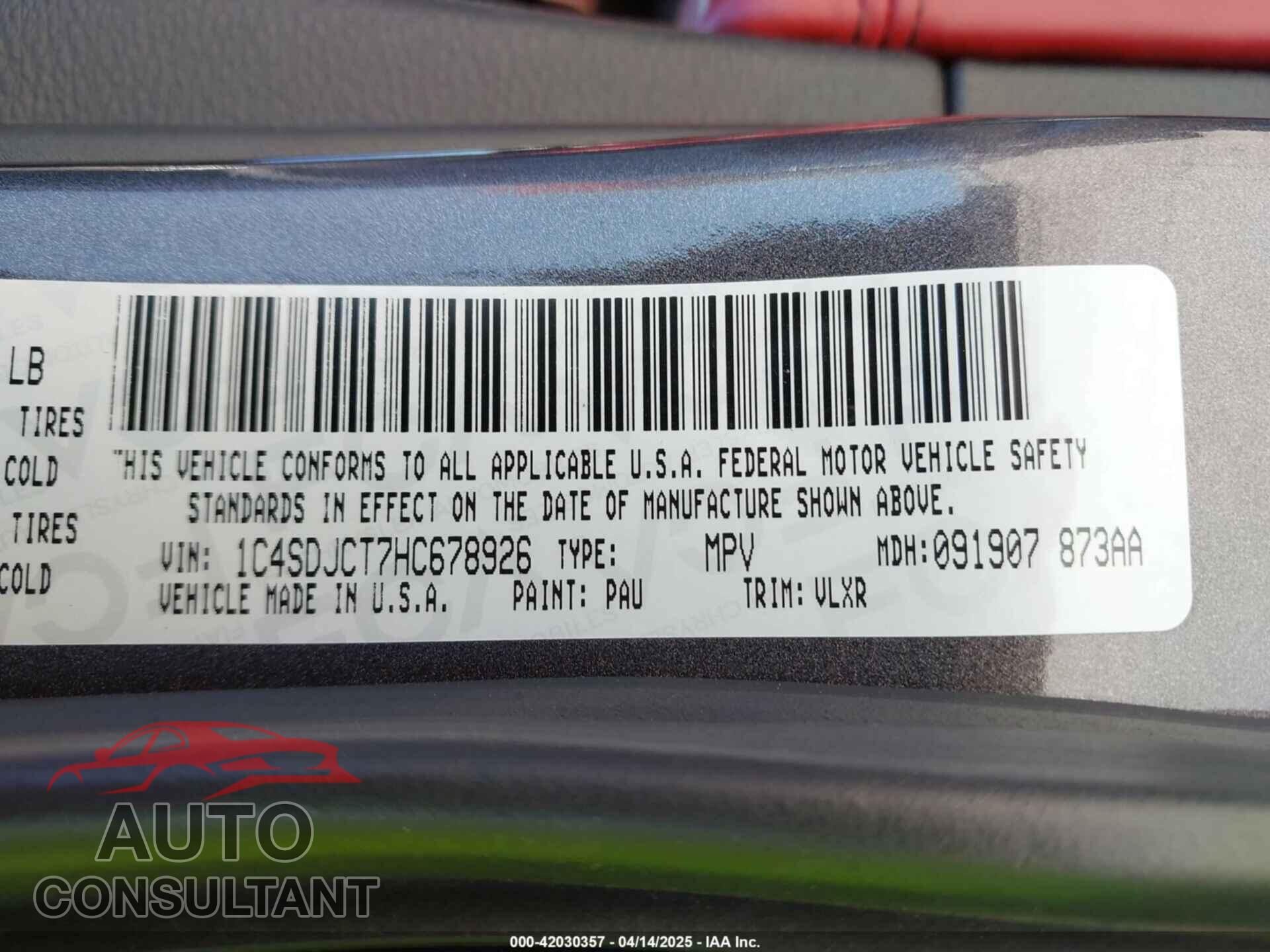 DODGE DURANGO 2017 - 1C4SDJCT7HC678926