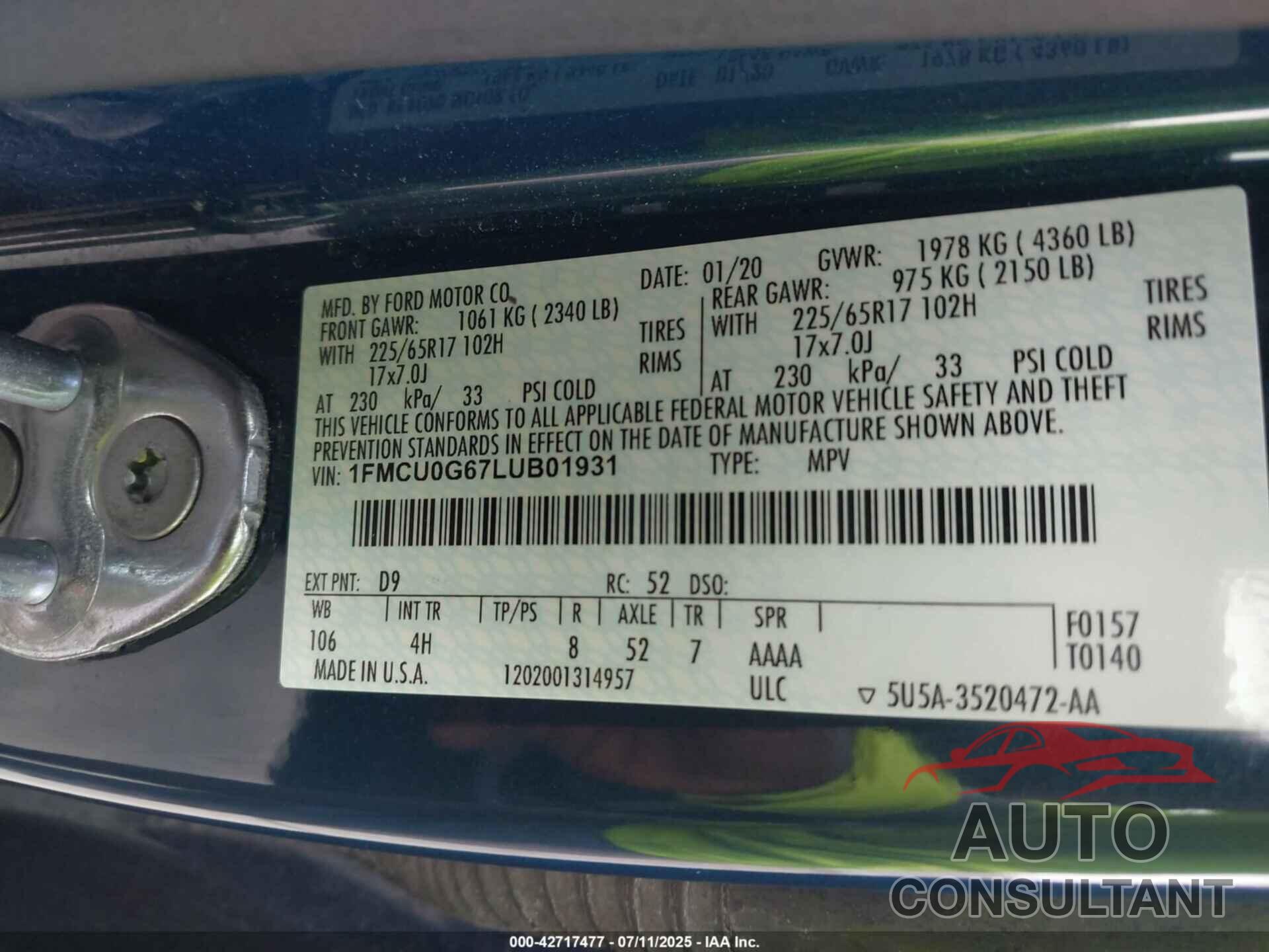 FORD ESCAPE 2020 - 1FMCU0G67LUB01931