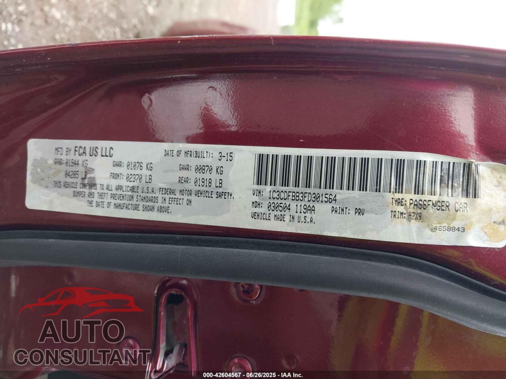 DODGE DART 2015 - 1C3CDFBB3FD301564