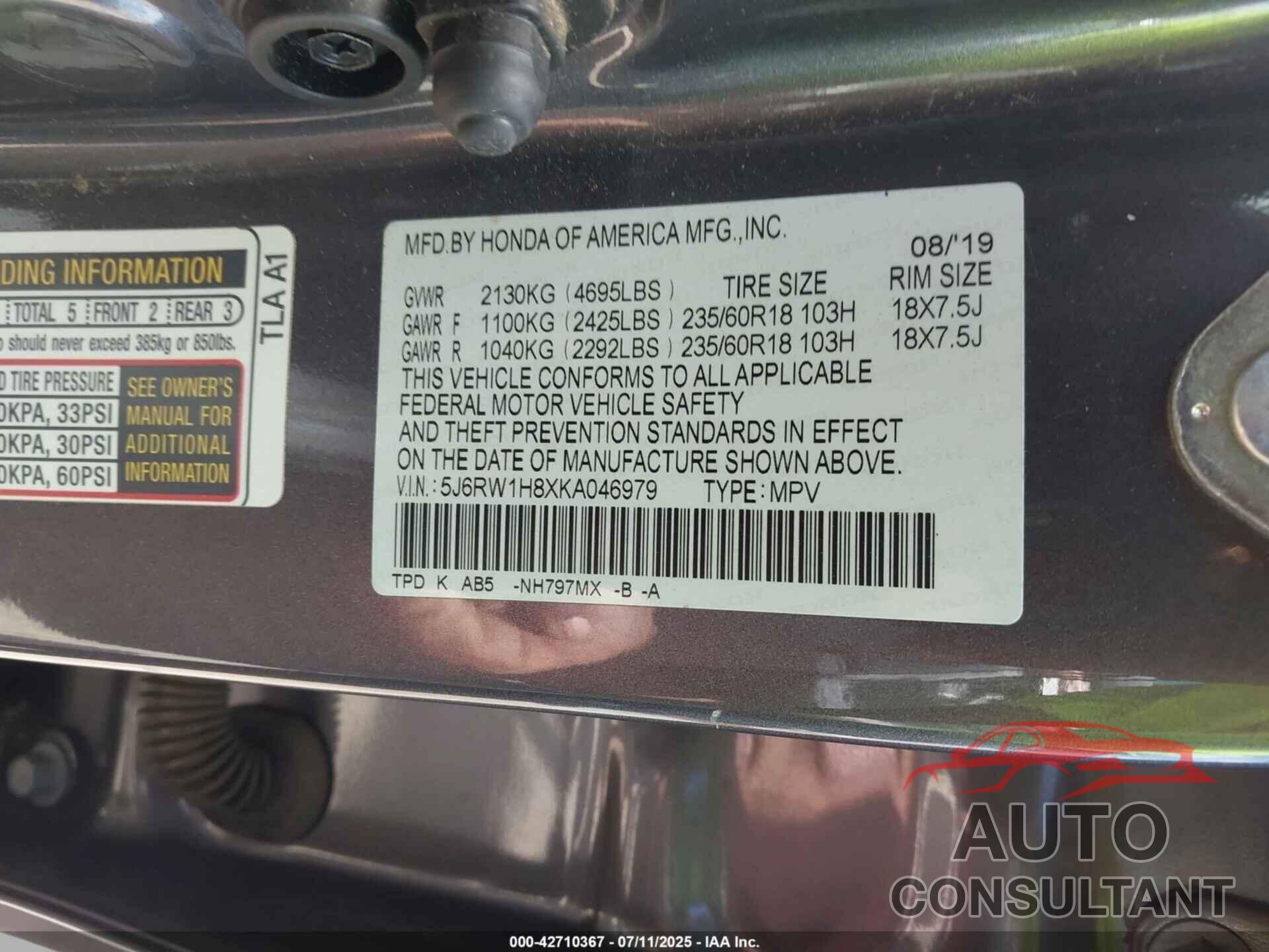 HONDA CR-V 2019 - 5J6RW1H8XKA046979