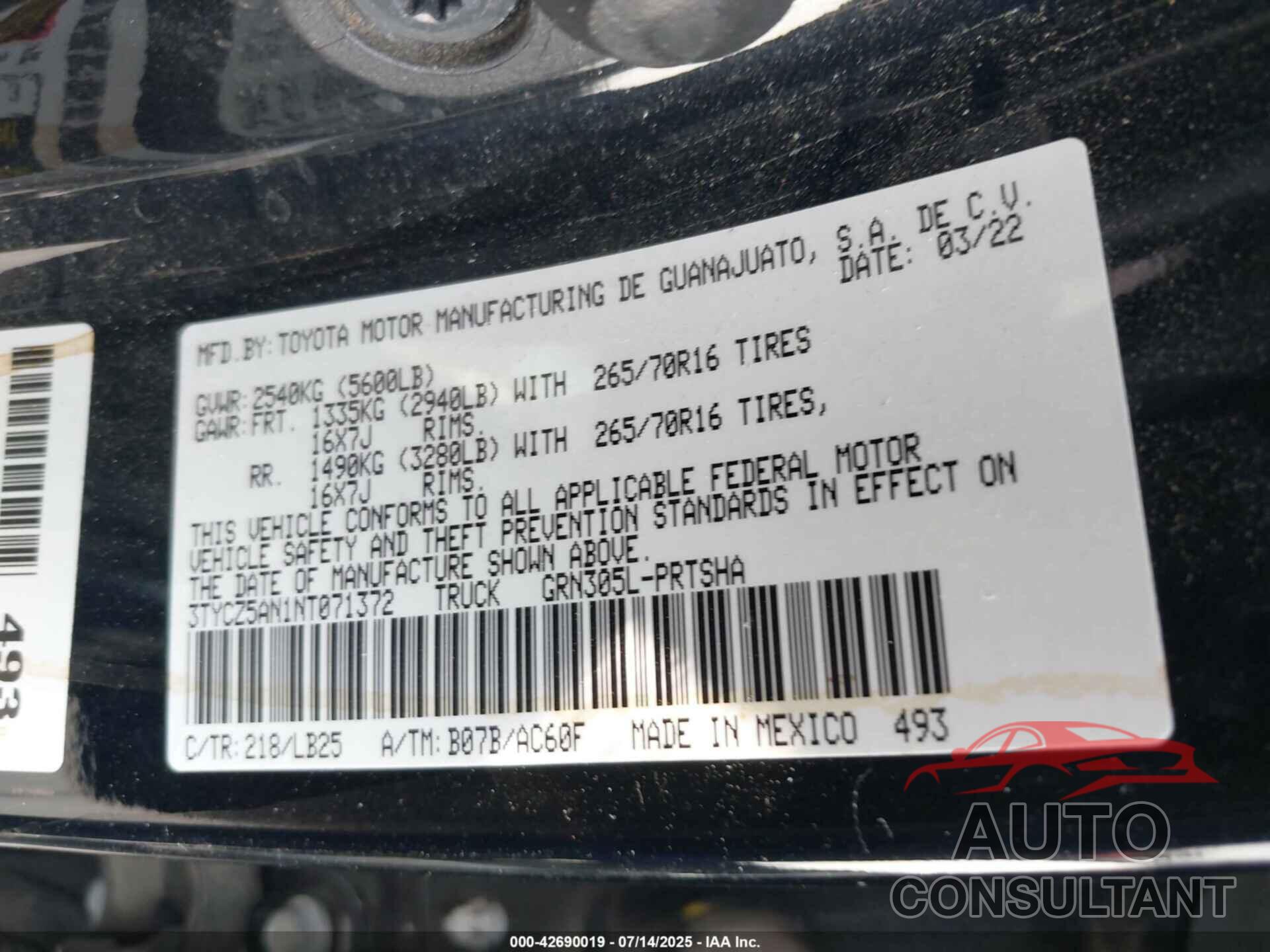 TOYOTA TACOMA 2022 - 3TYCZ5AN1NT071372