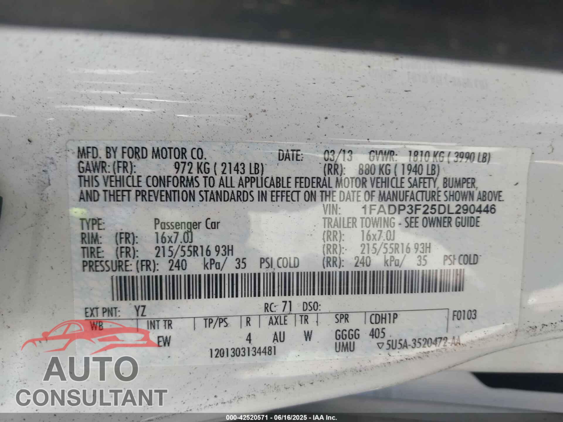 FORD FOCUS 2013 - 1FADP3F25DL290446