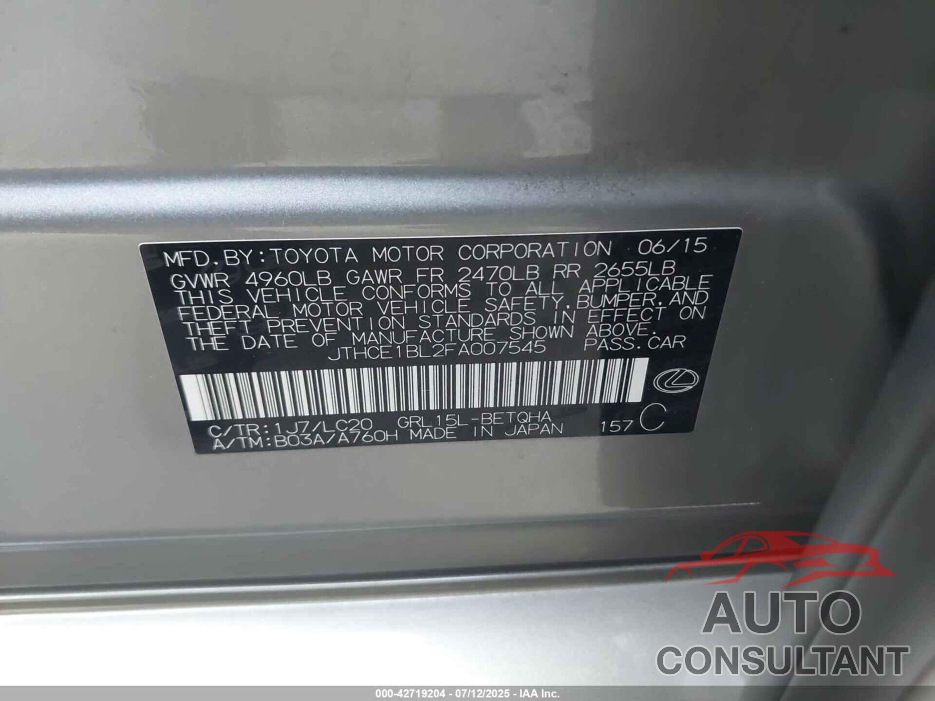 LEXUS GS 2015 - JTHCE1BL2FA007545