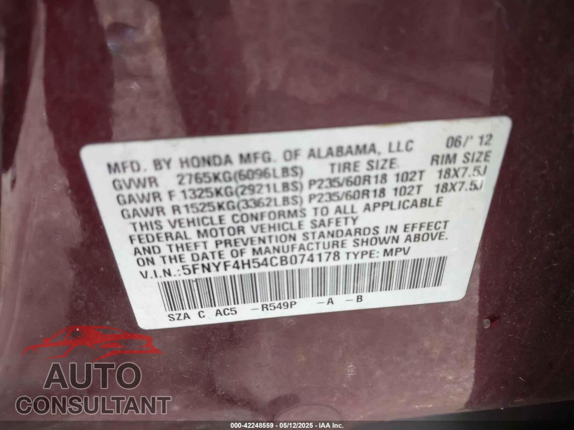 HONDA PILOT 2012 - 5FNYF4H54CB074178