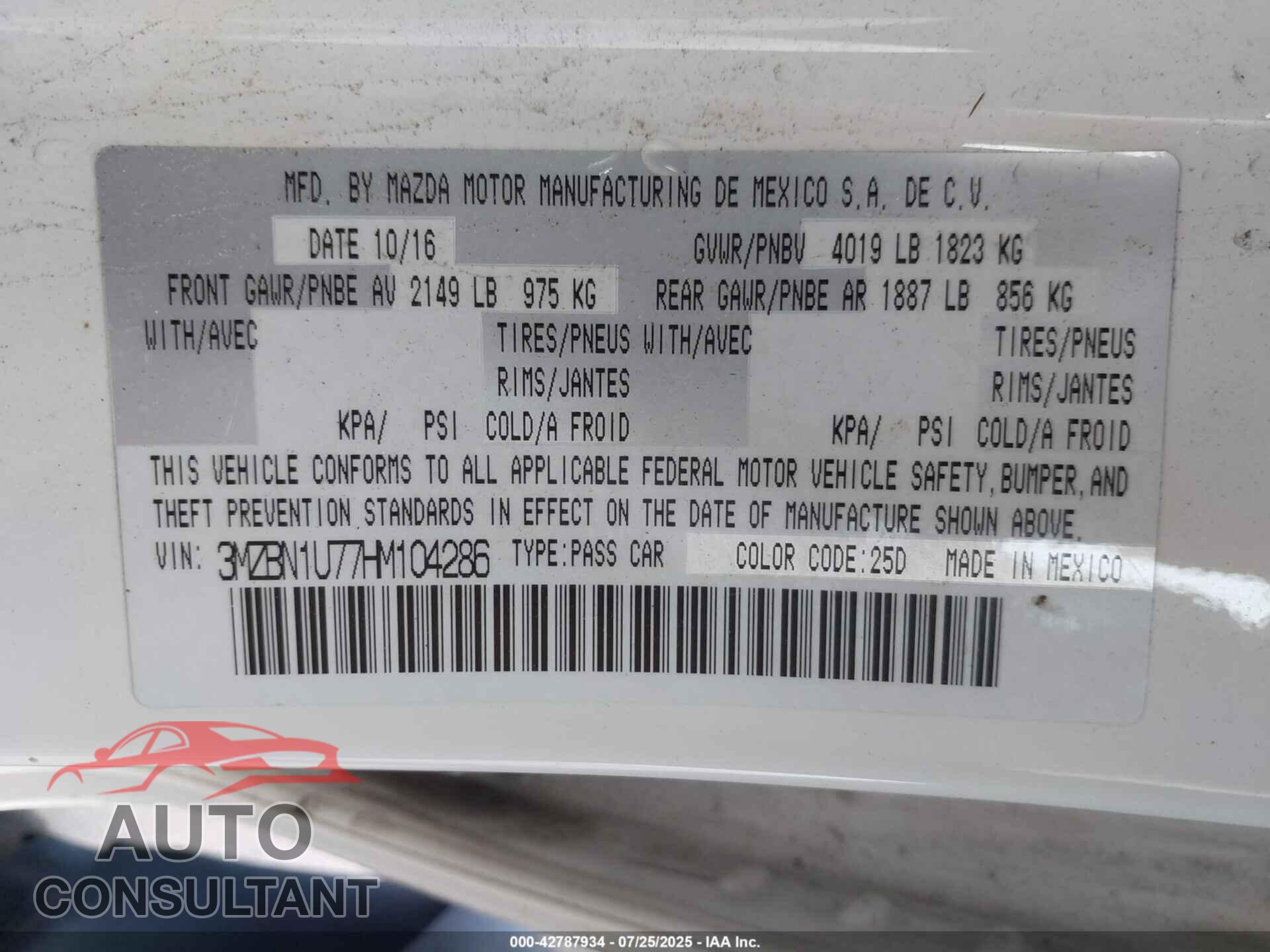 MAZDA MAZDA3 2017 - 3MZBN1U77HM104286