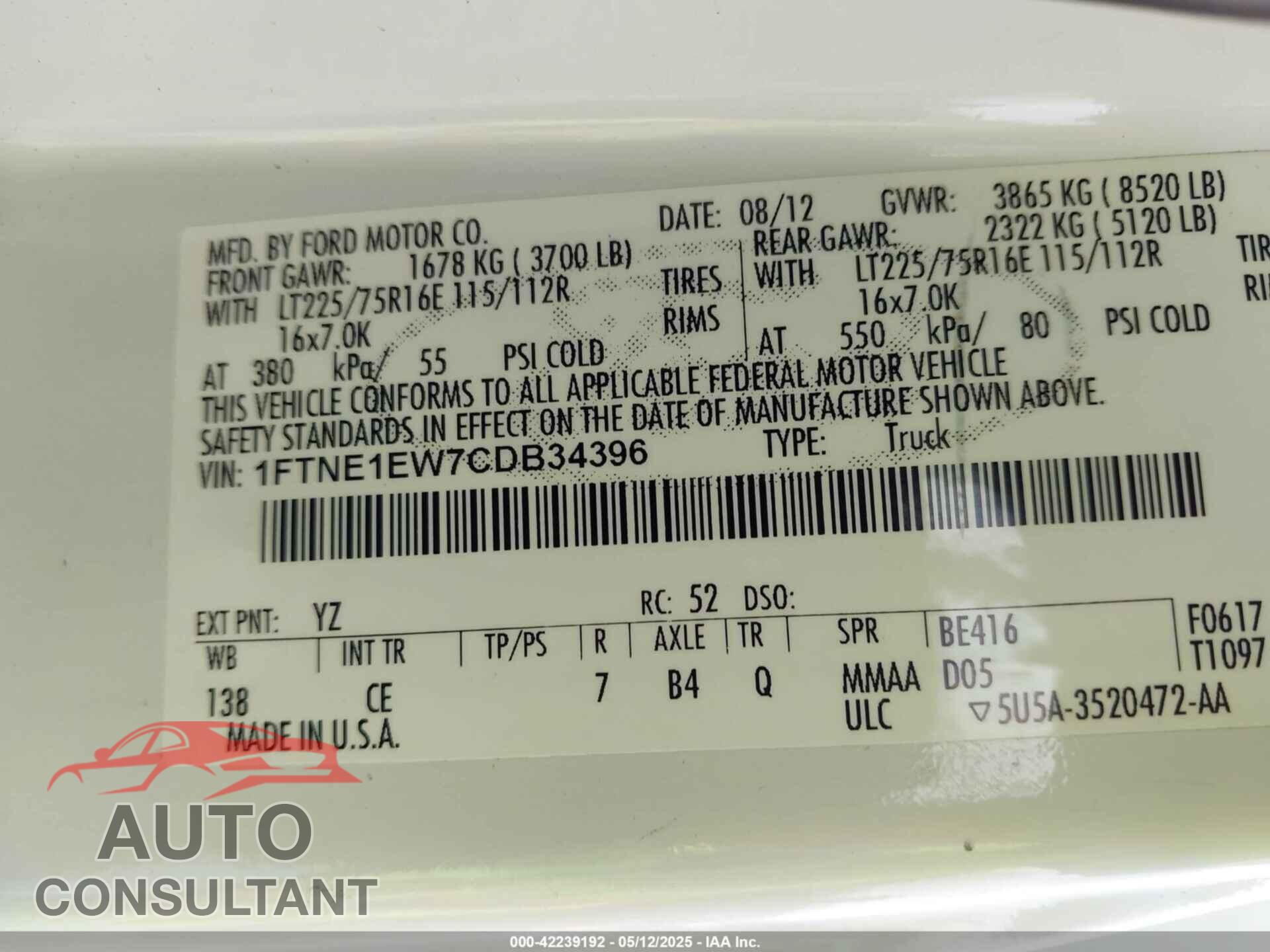 FORD E-150 2012 - 1FTNE1EW7CDB34396