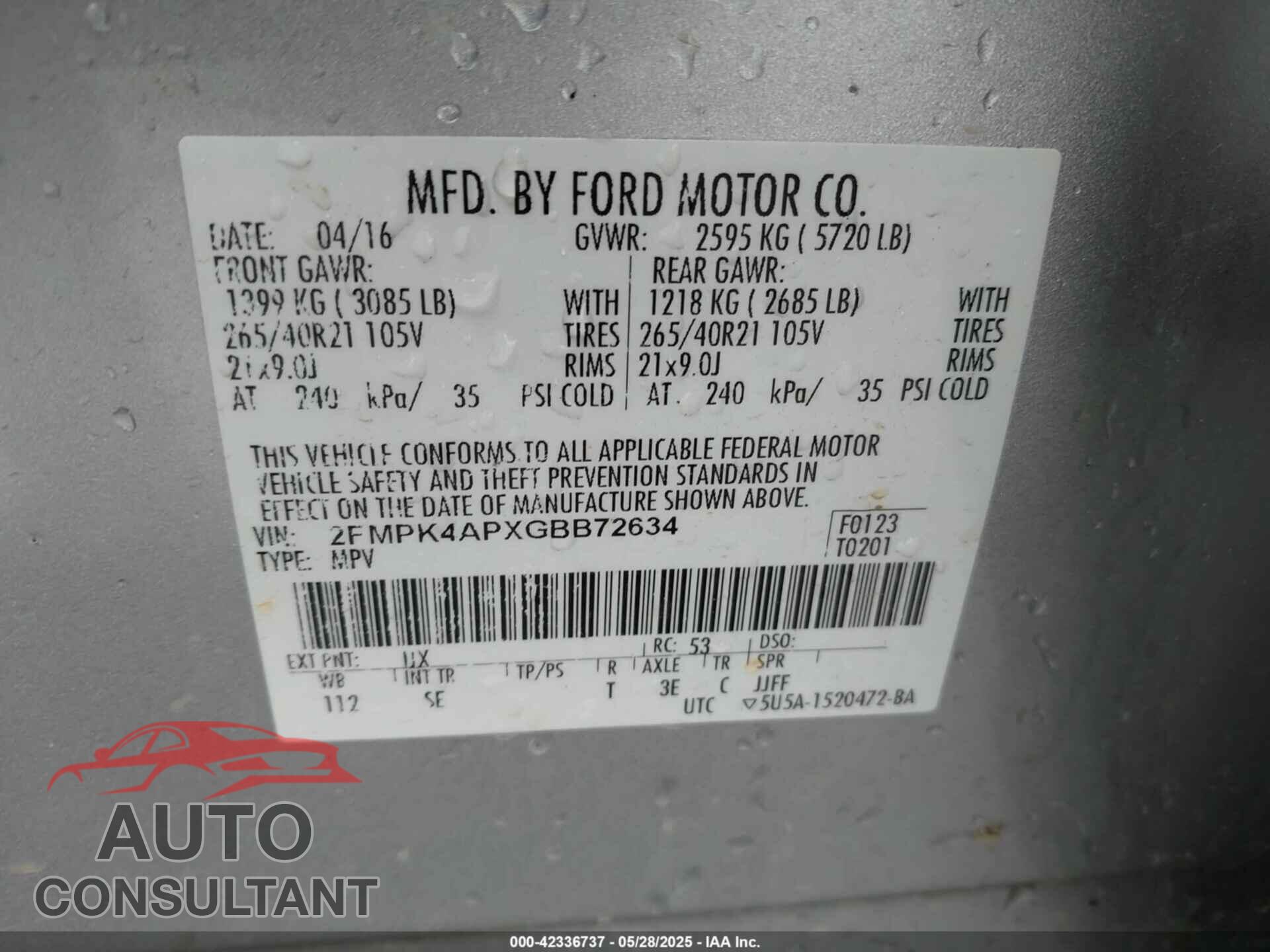 FORD EDGE 2016 - 2FMPK4APXGBB72634