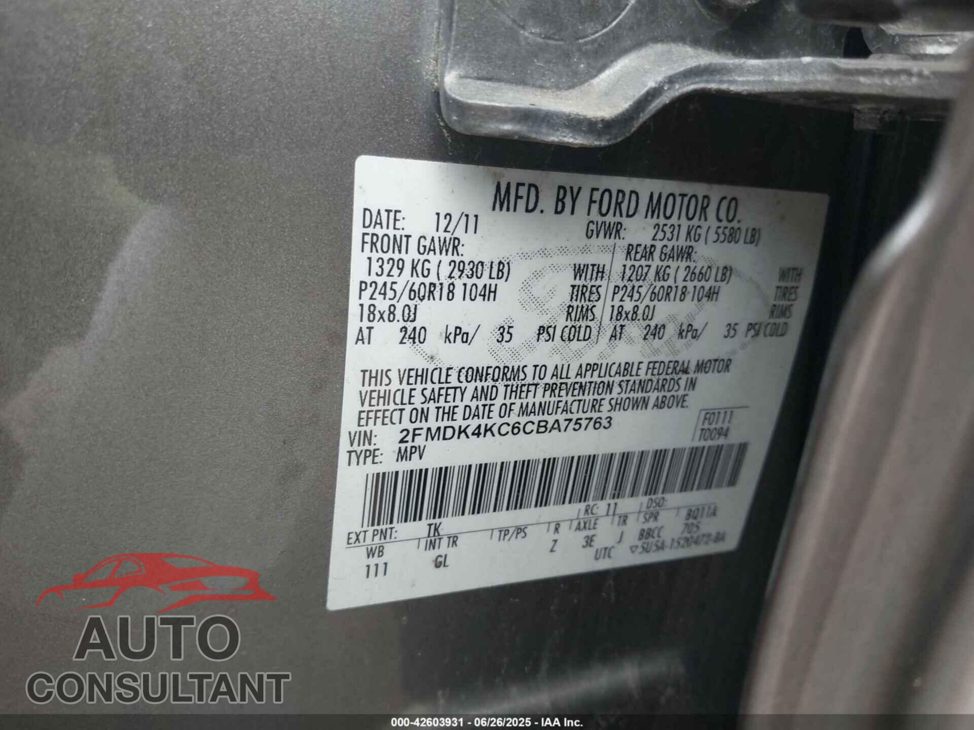FORD EDGE 2012 - 2FMDK4KC6CBA75763
