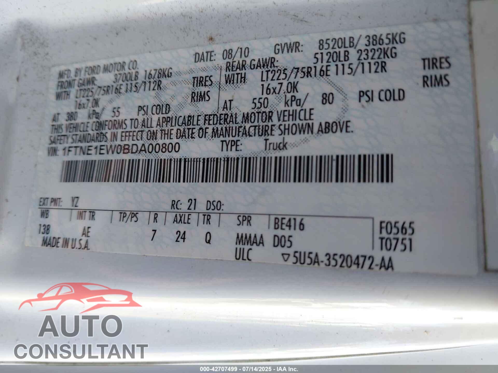 FORD E-150 2011 - 1FTNE1EW0BDA00800